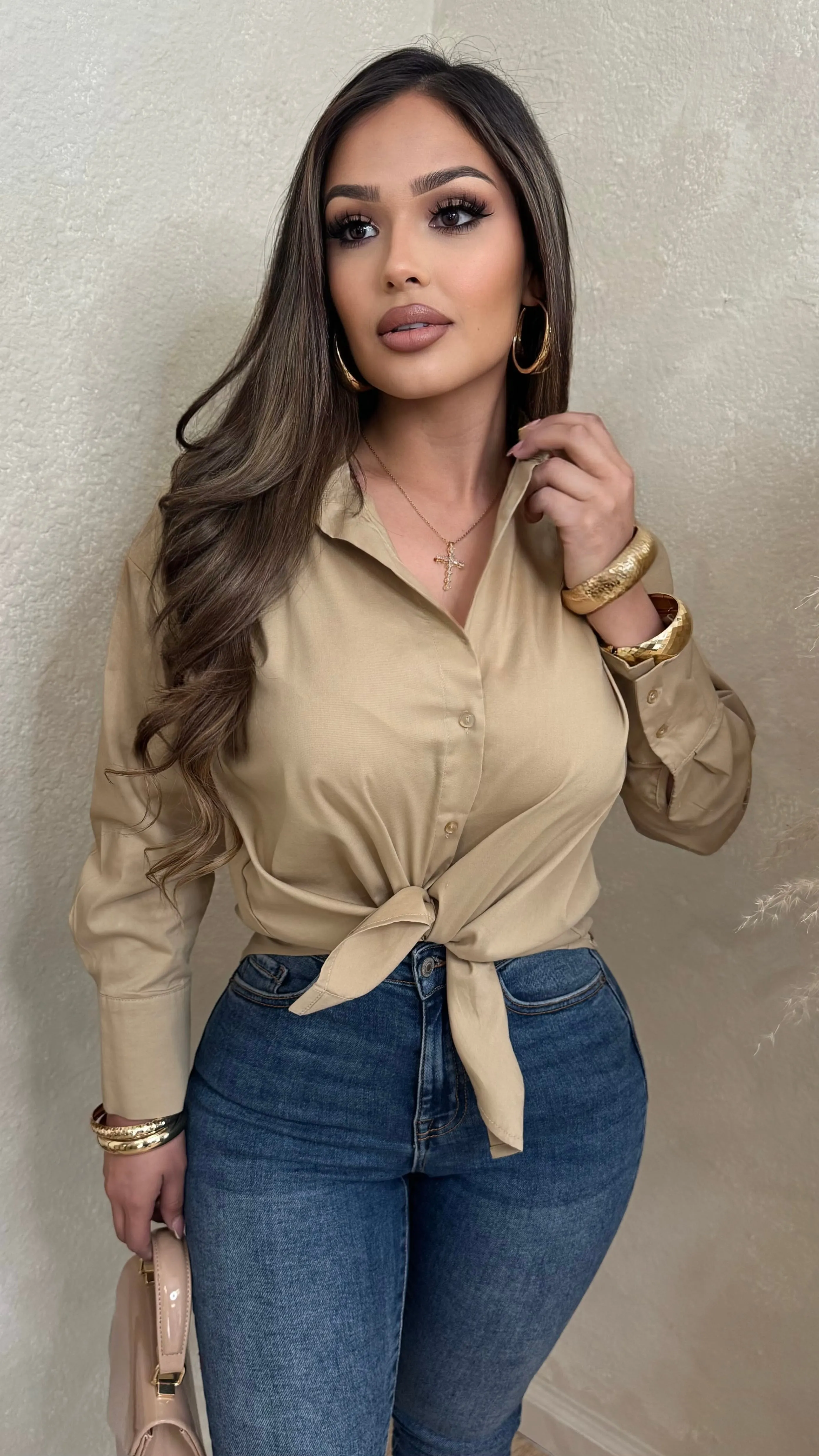 Kylina Long Sleeve Button Up Tops (Nude) sold by Lavish Couture Fashion