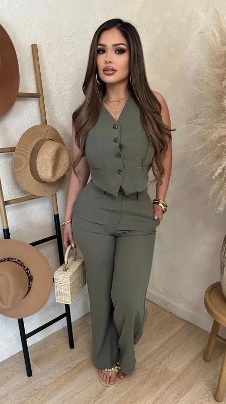 Linen Luxe 2PC Pant Set (Olive) sold by Lavish Couture Fashion