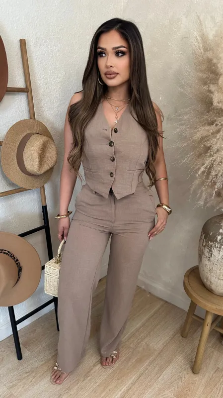 Linen Luxe 2PC Pant Set (Tan) sold by Lavish Couture Fashion