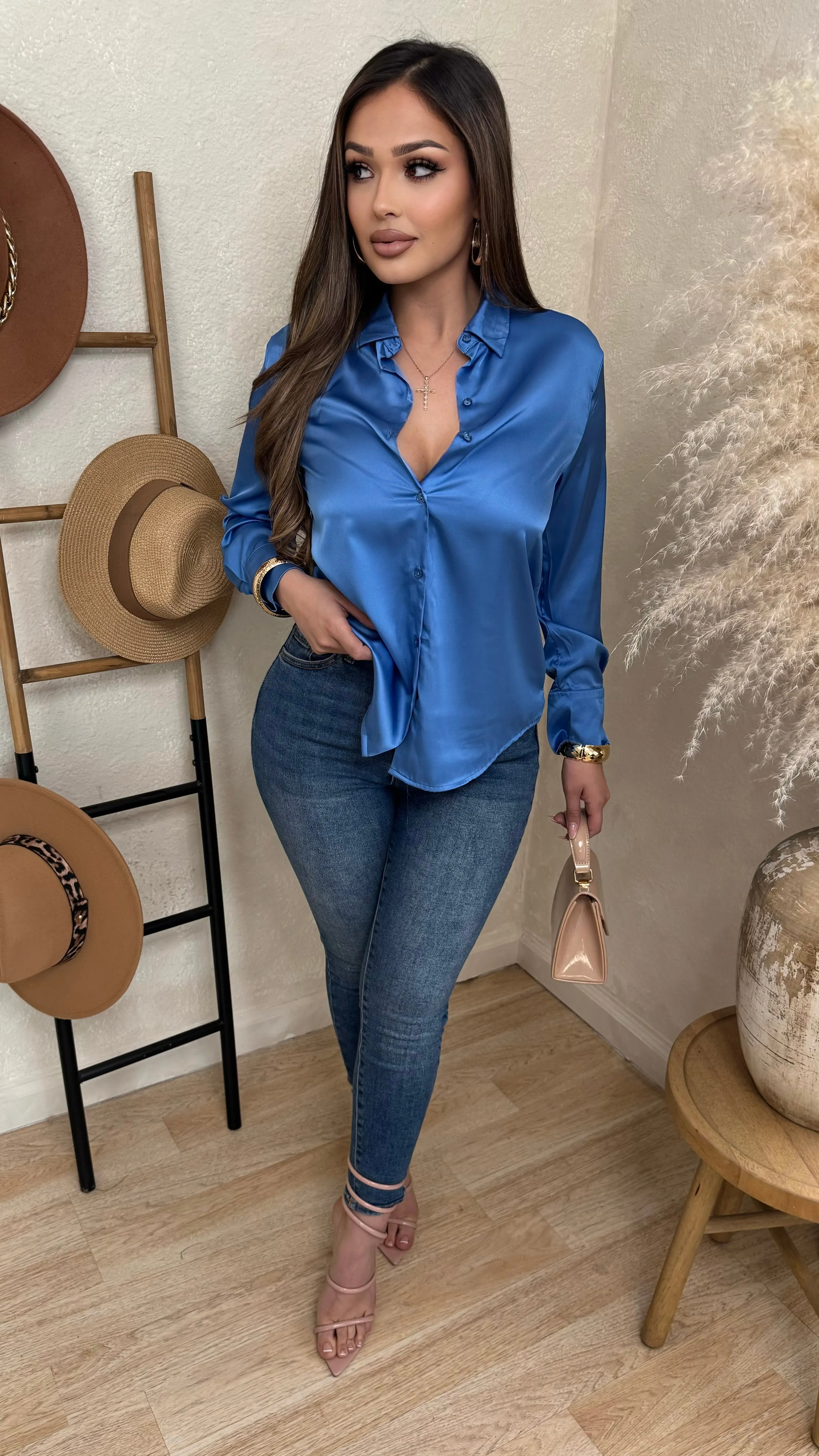 Western Scene Long Sleeve Top (Blue) sold by Lavish Couture Fashion