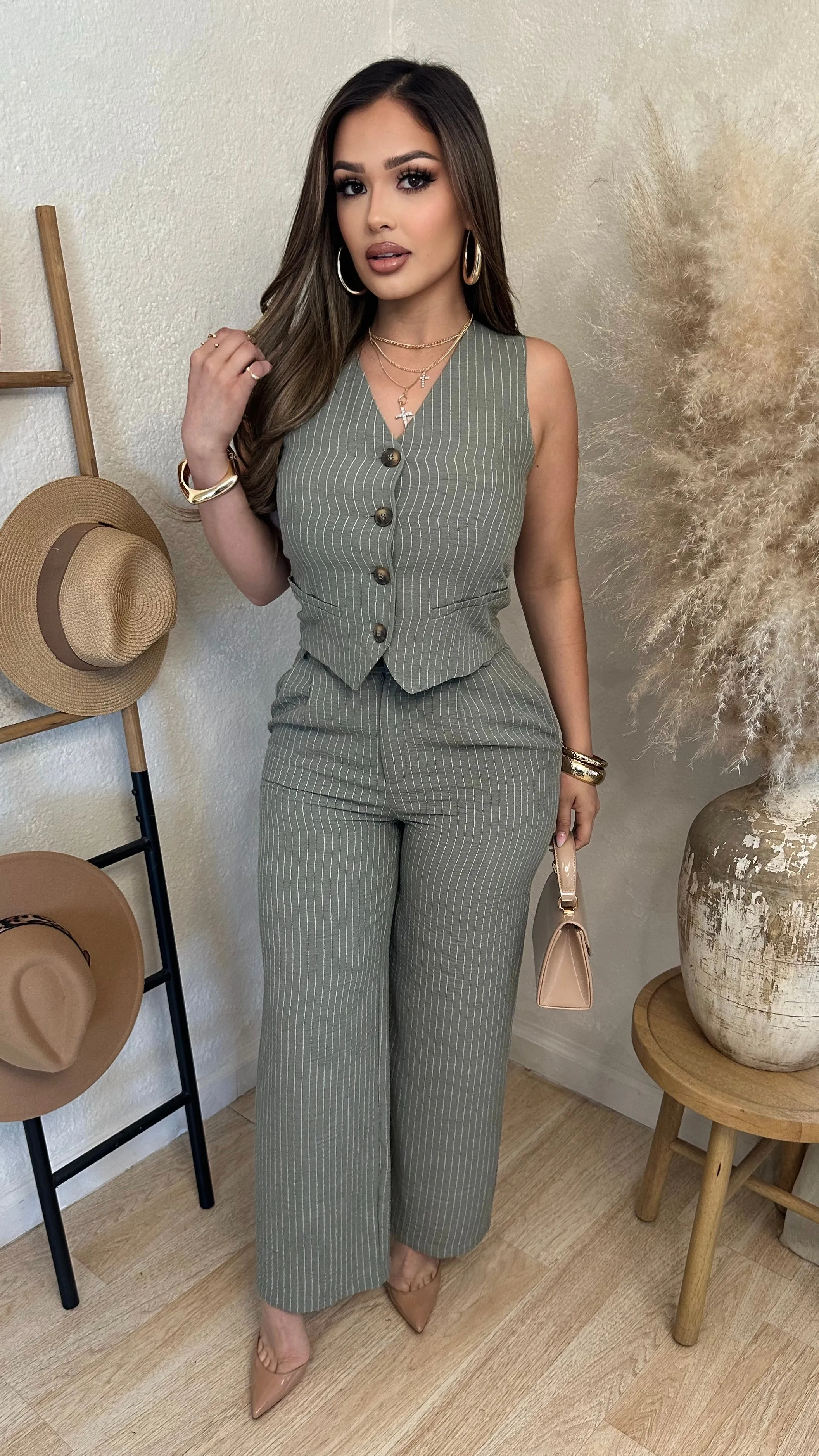 Boss Babe Stripe Set (Olive) sold by Lavish Couture Fashion