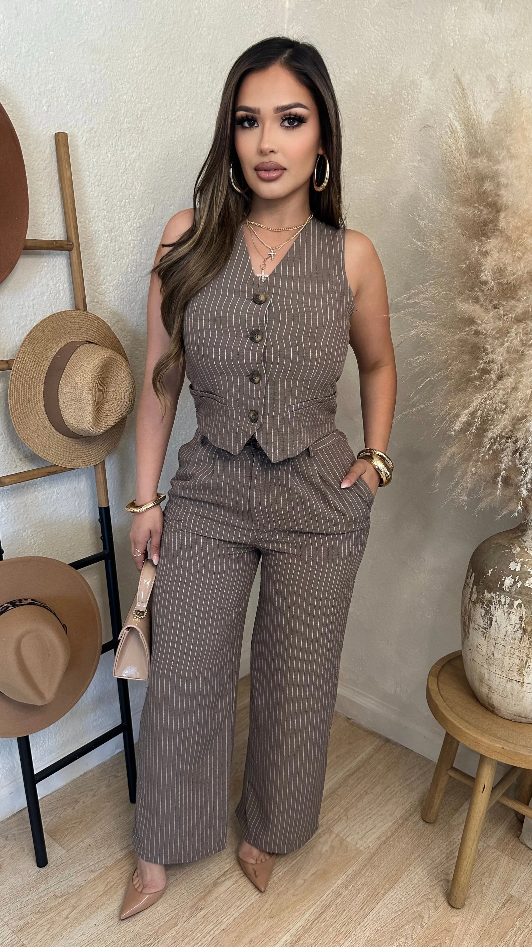 Boss Babe Stripe Set (Brown) sold by Lavish Couture Fashion
