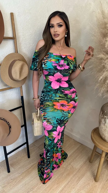 Island Bloom Off The Shoulder Maxi Dress sold by Lavish Couture Fashion