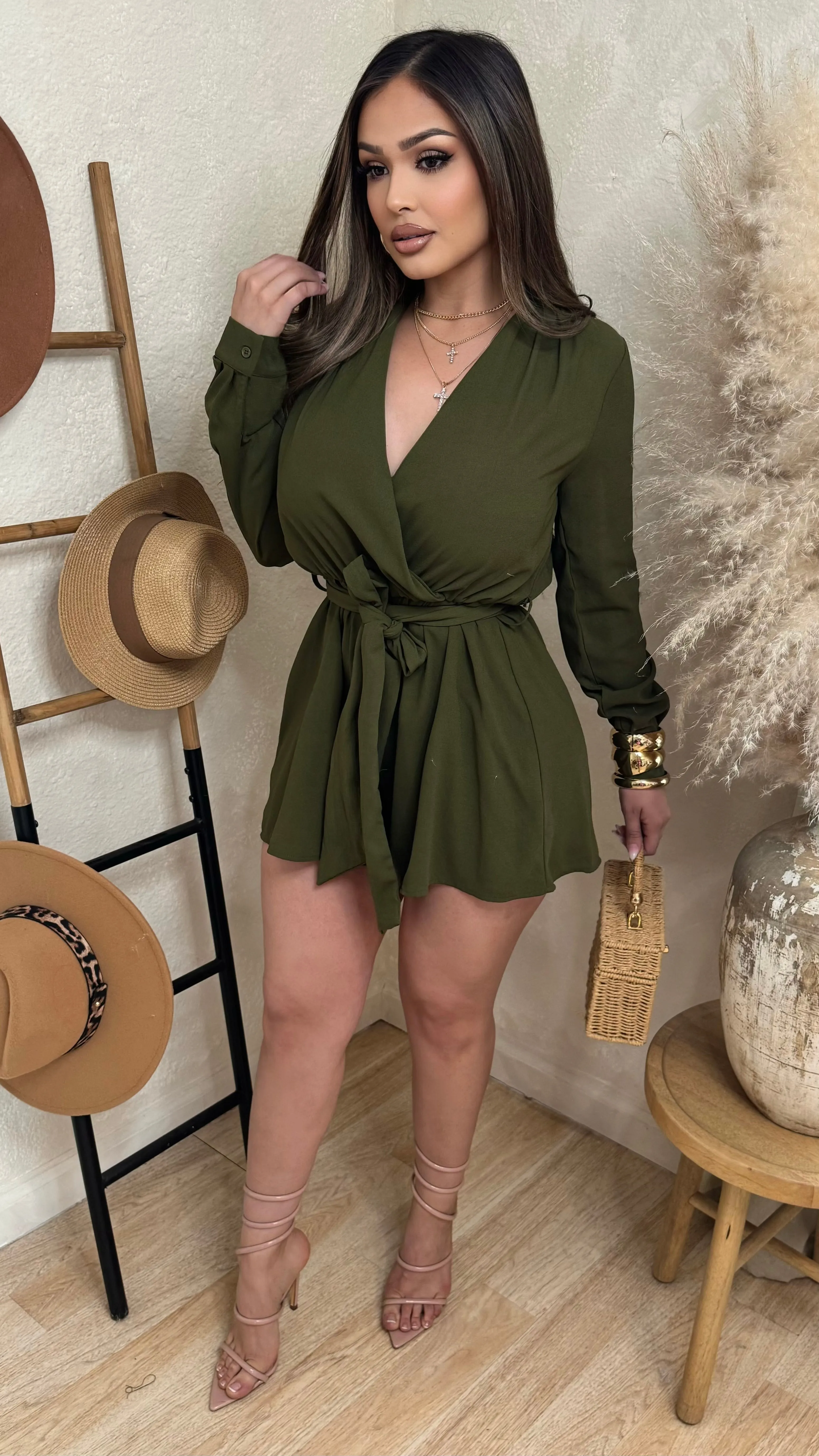 Mesmerized By You Short Romper (Olive) sold by Lavish Couture Fashion