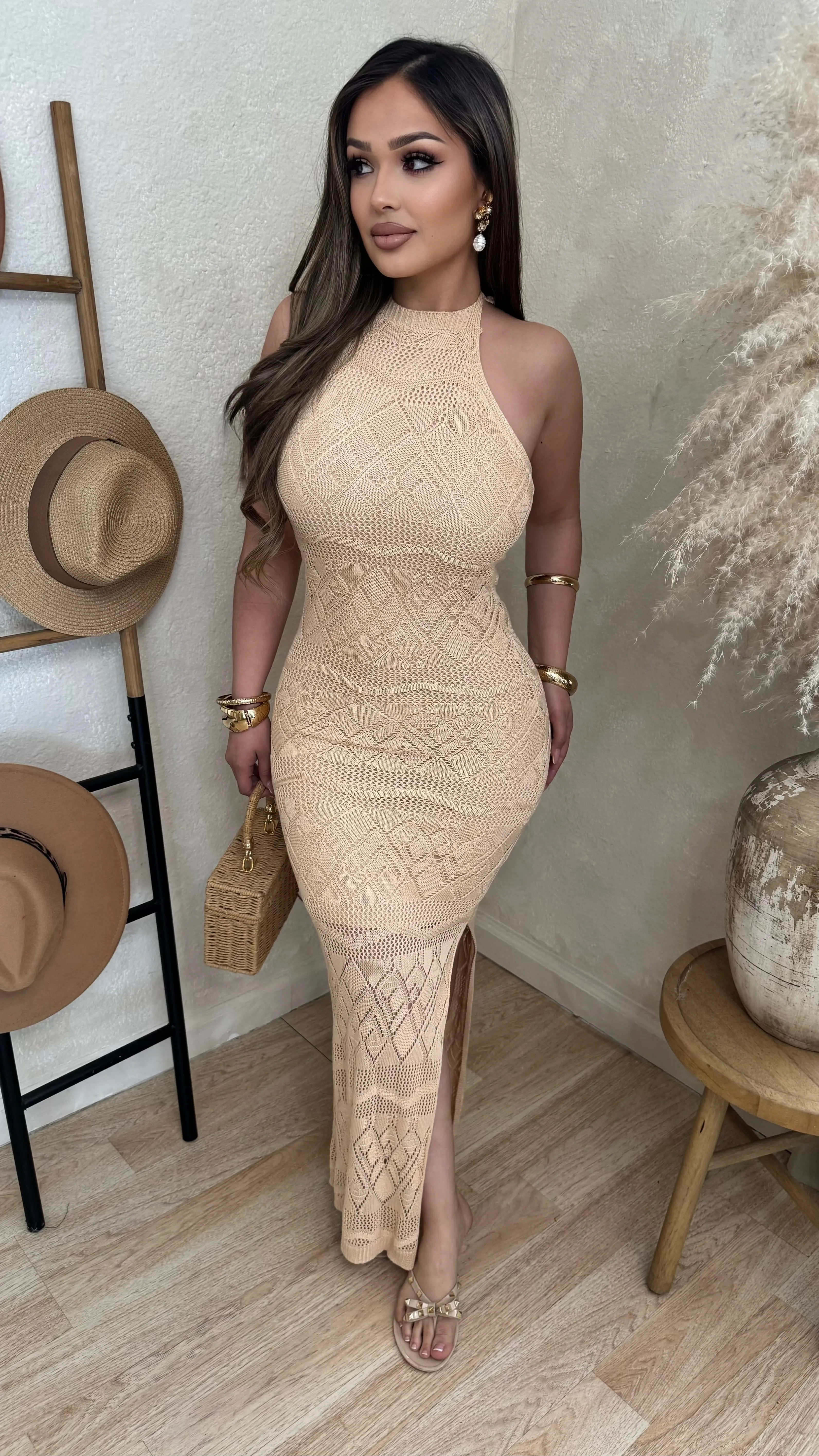 Vallarta Knit Halter Maxi Dress (Natural) sold by Lavish Couture Fashion