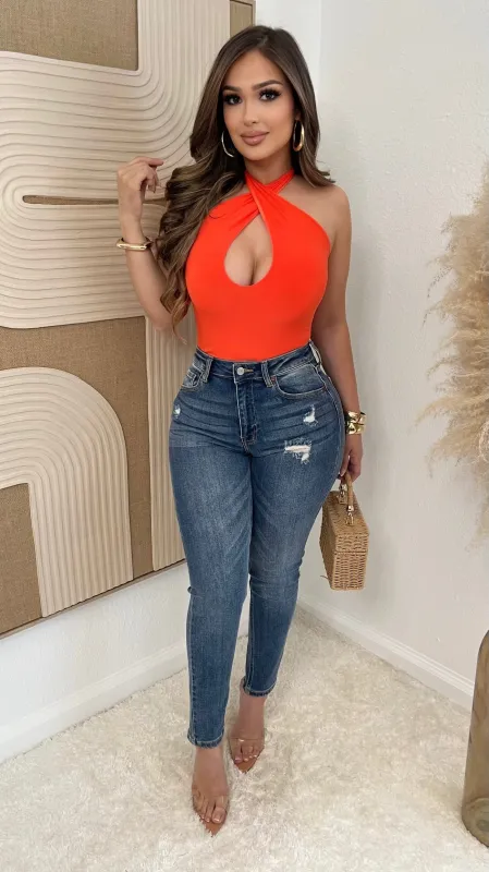 Heatwave Halter Bodysuit (Orange) sold by Lavish Couture Fashion