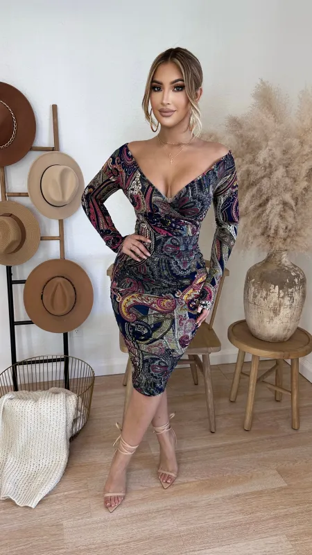Late Night Talking Midi Dress (Navy/ Purple) sold by Lavish Couture Fashion