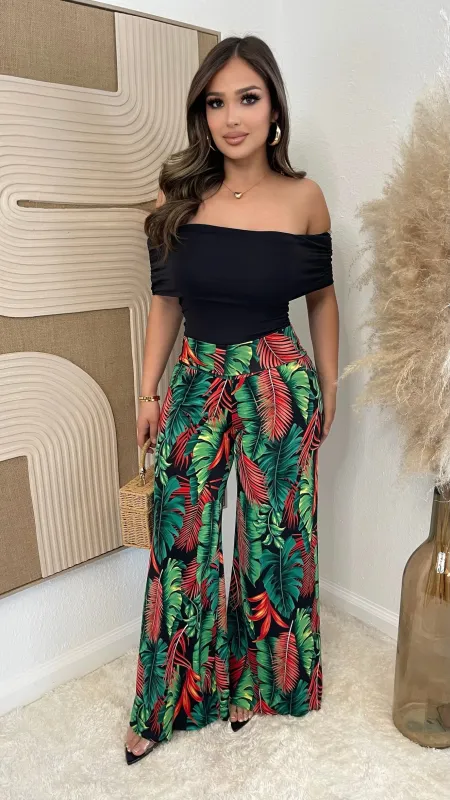 Tropical High Waist Palazzo Pants (Black/ Green/ Red) sold by Lavish Couture Fashion