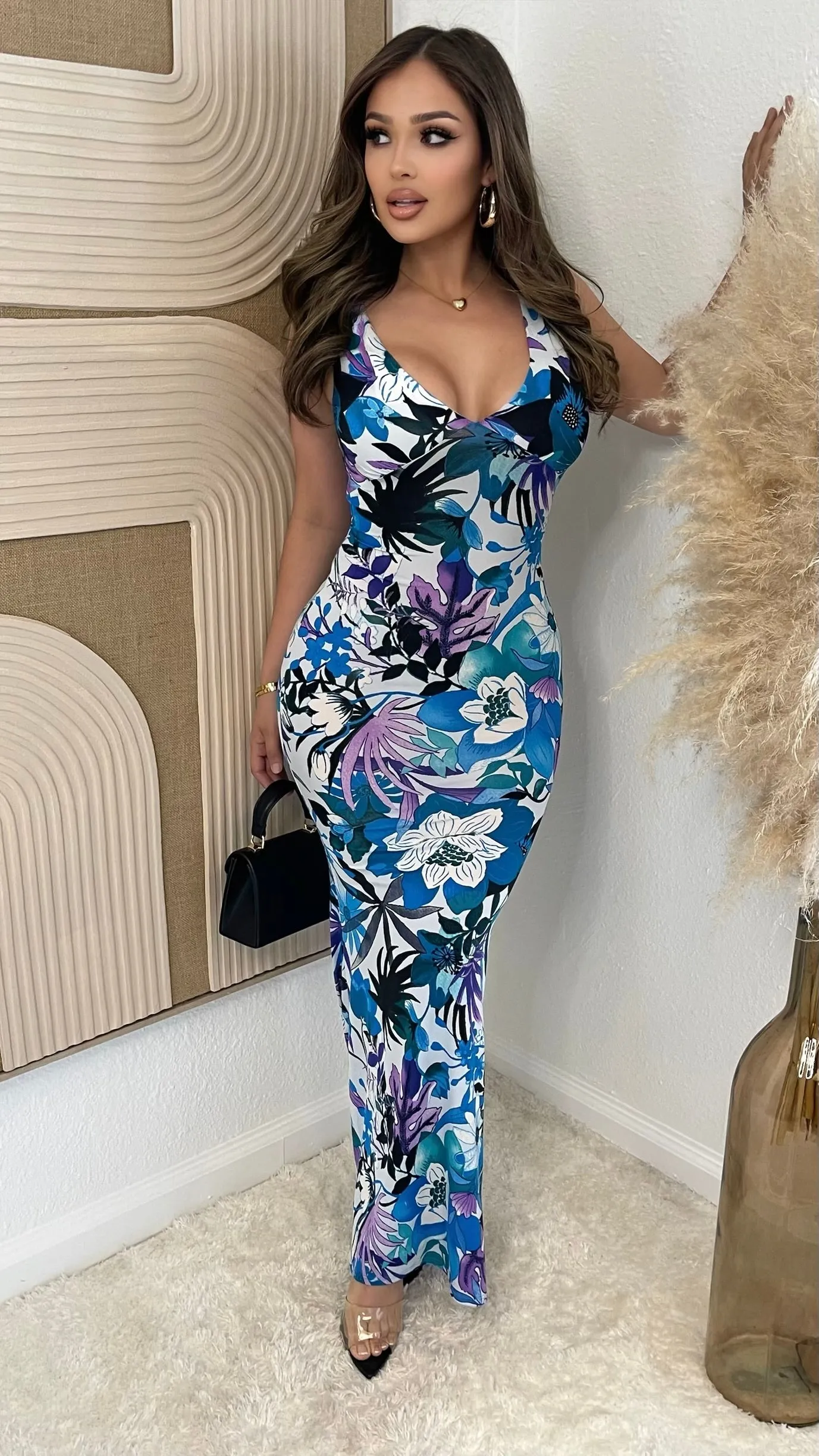 Yuliana Maxi Dress (White/ Blue) sold by Lavish Couture Fashion