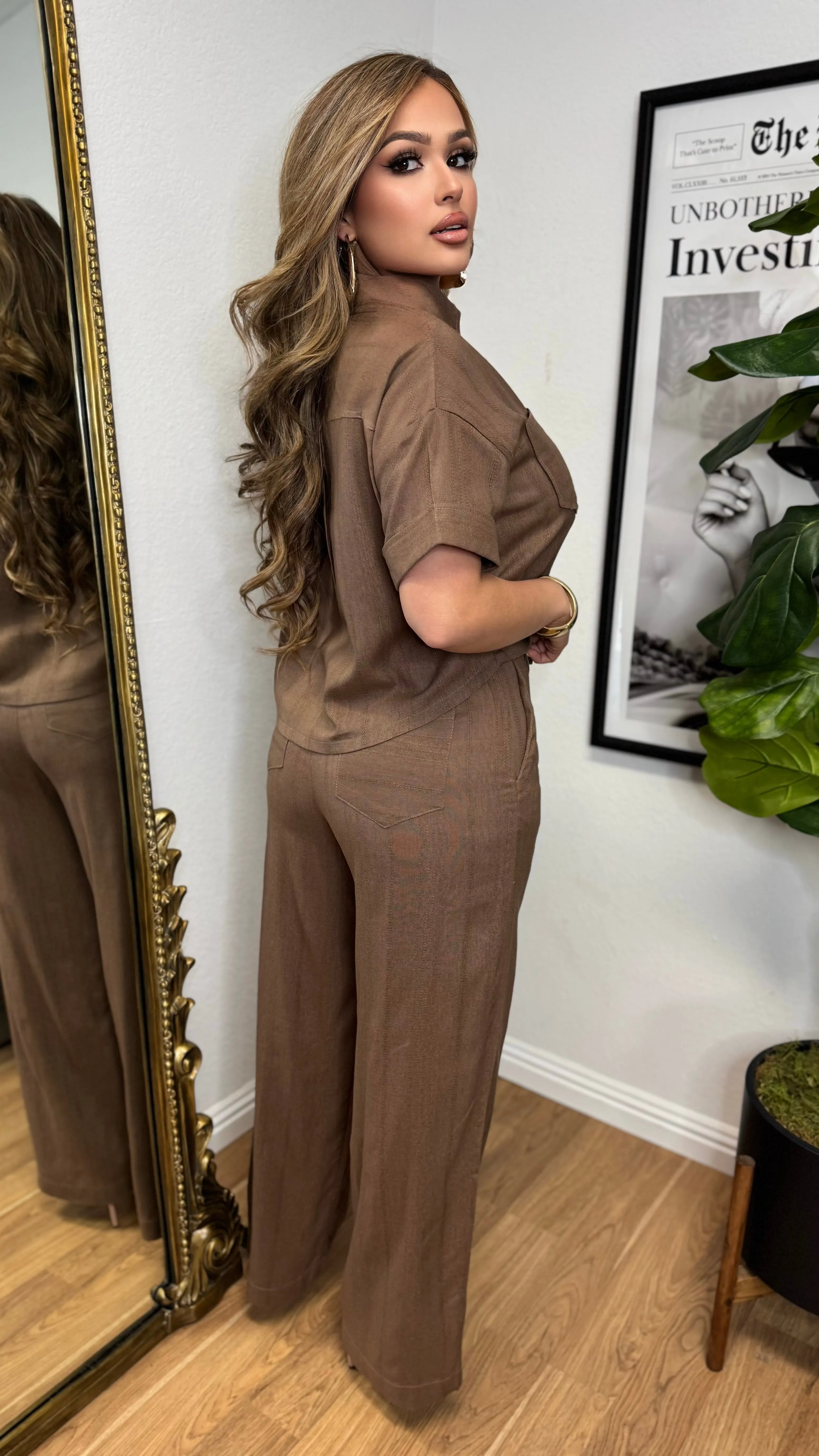 Modern Linen 2PC Pant Set (Brown) sold by Lavish Couture Fashion product image thumbnail 4