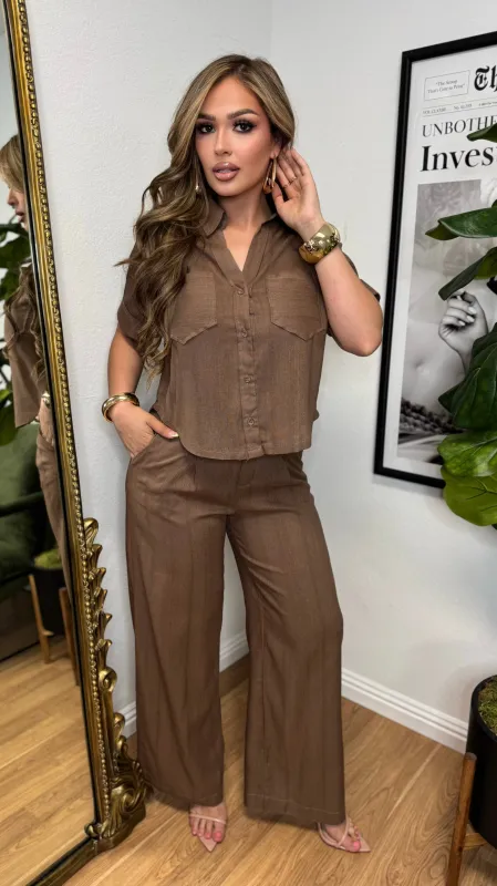 Modern Linen 2PC Pant Set (Brown) made by Lavish Couture Fashion