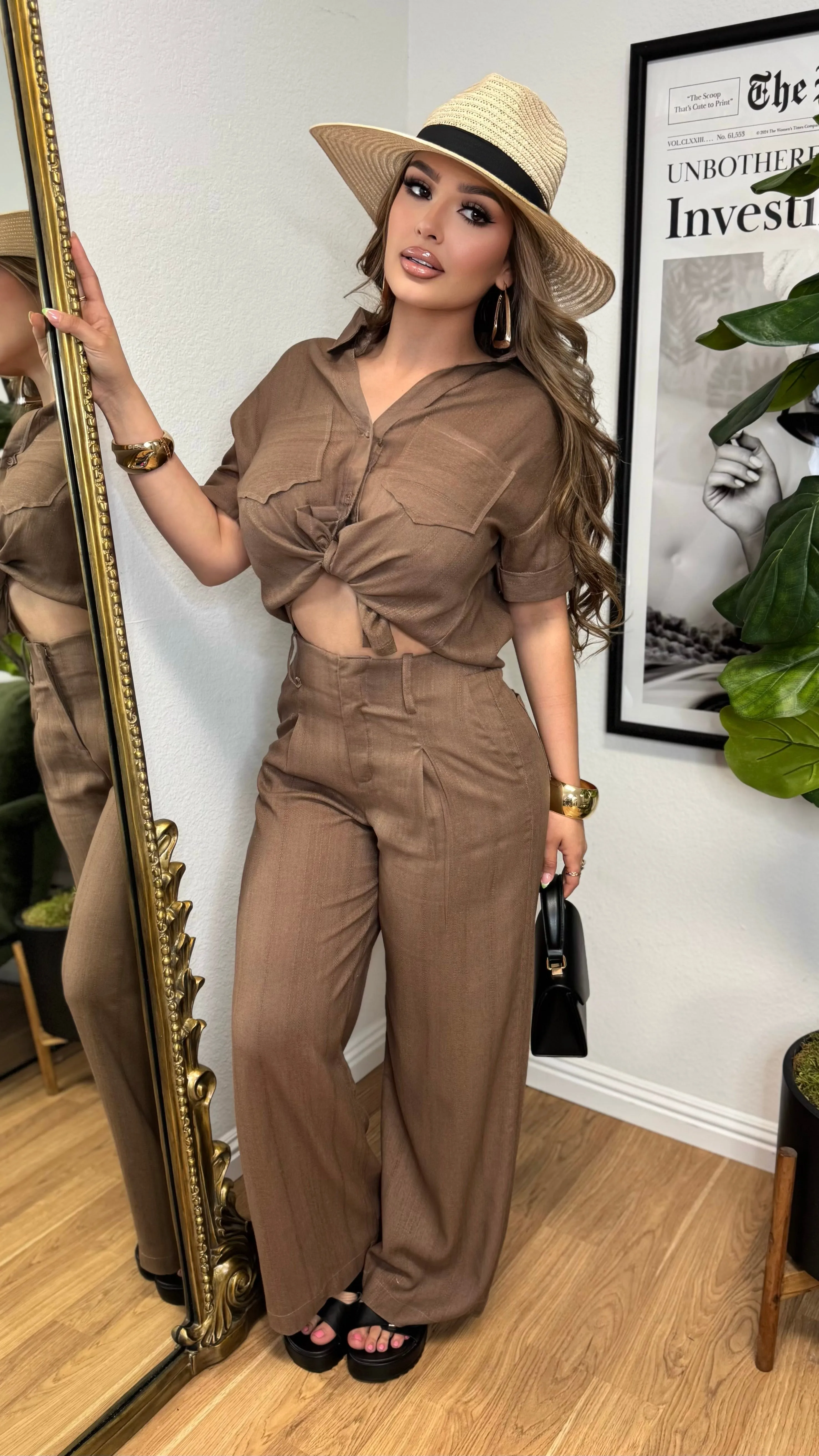 Modern Linen 2PC Pant Set (Brown) sold by Lavish Couture Fashion product image thumbnail 2