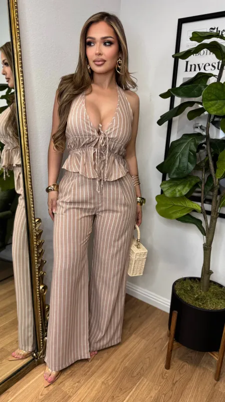 Seaside Chic Linen Pant Set (Khaki) made by Lavish Couture Fashion