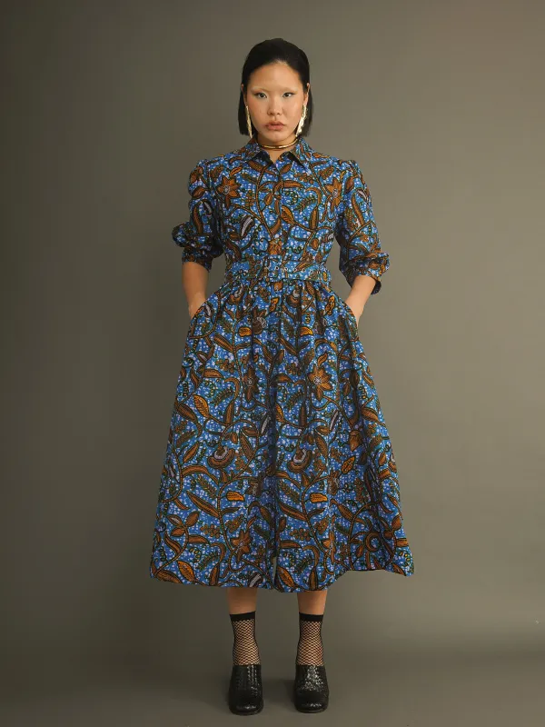 Shade Blue Vine Shirt Dress - Beautiful and Belted Midi Silhouette sold by Kemi Telford