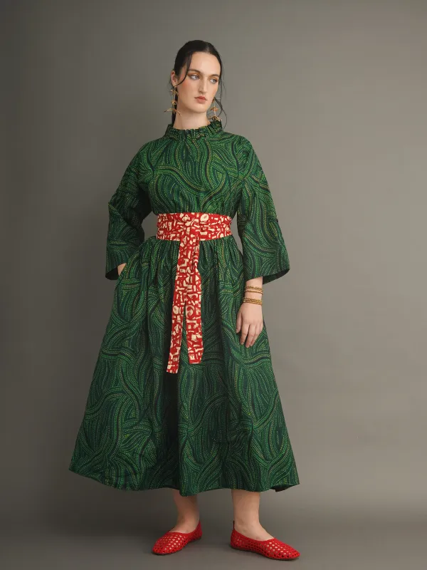 Chimamanda Belted Dress – Green Dots made by Kemi Telford