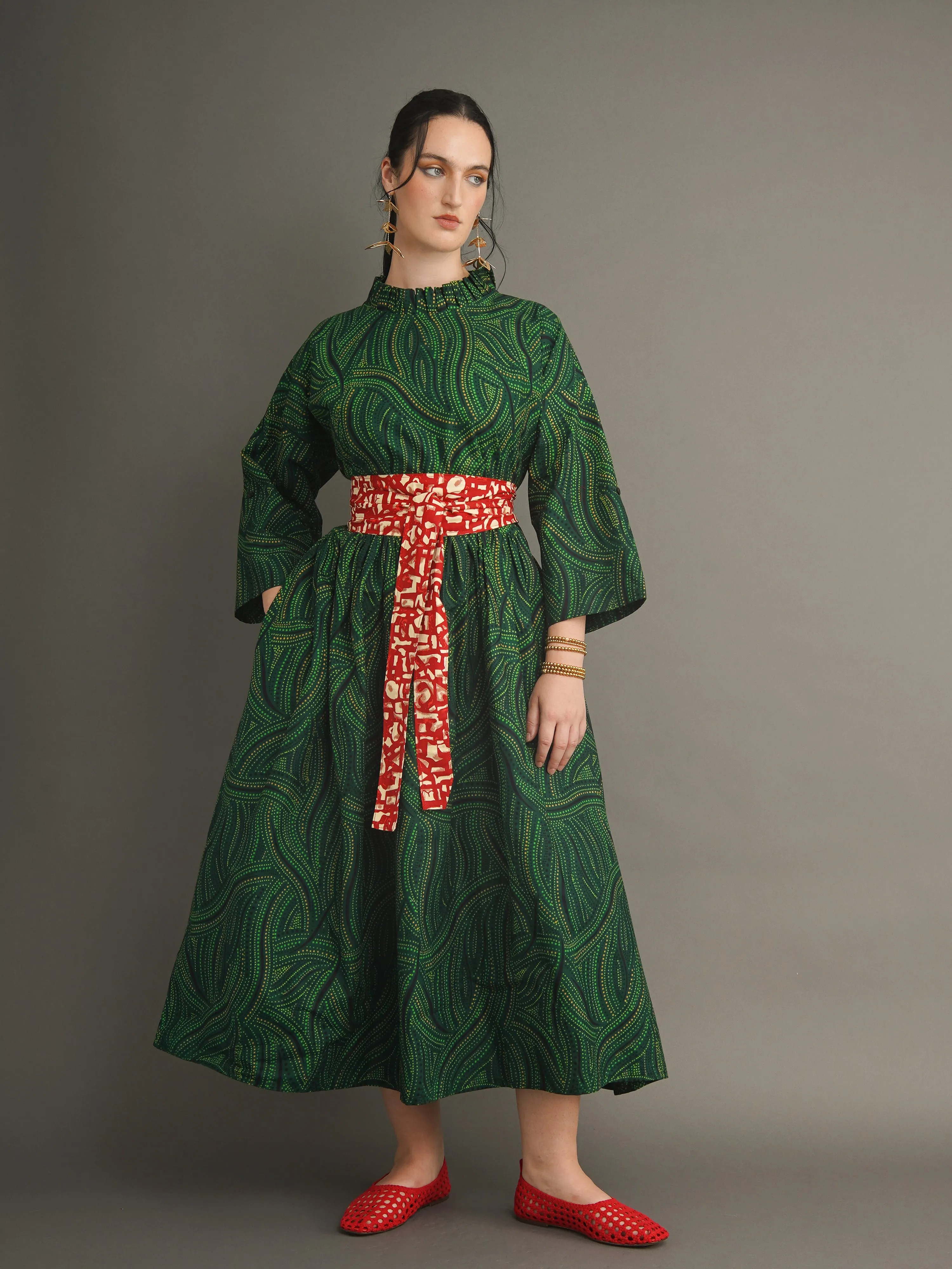 Chimamanda Belted Dress – Green Dots sold by Kemi Telford