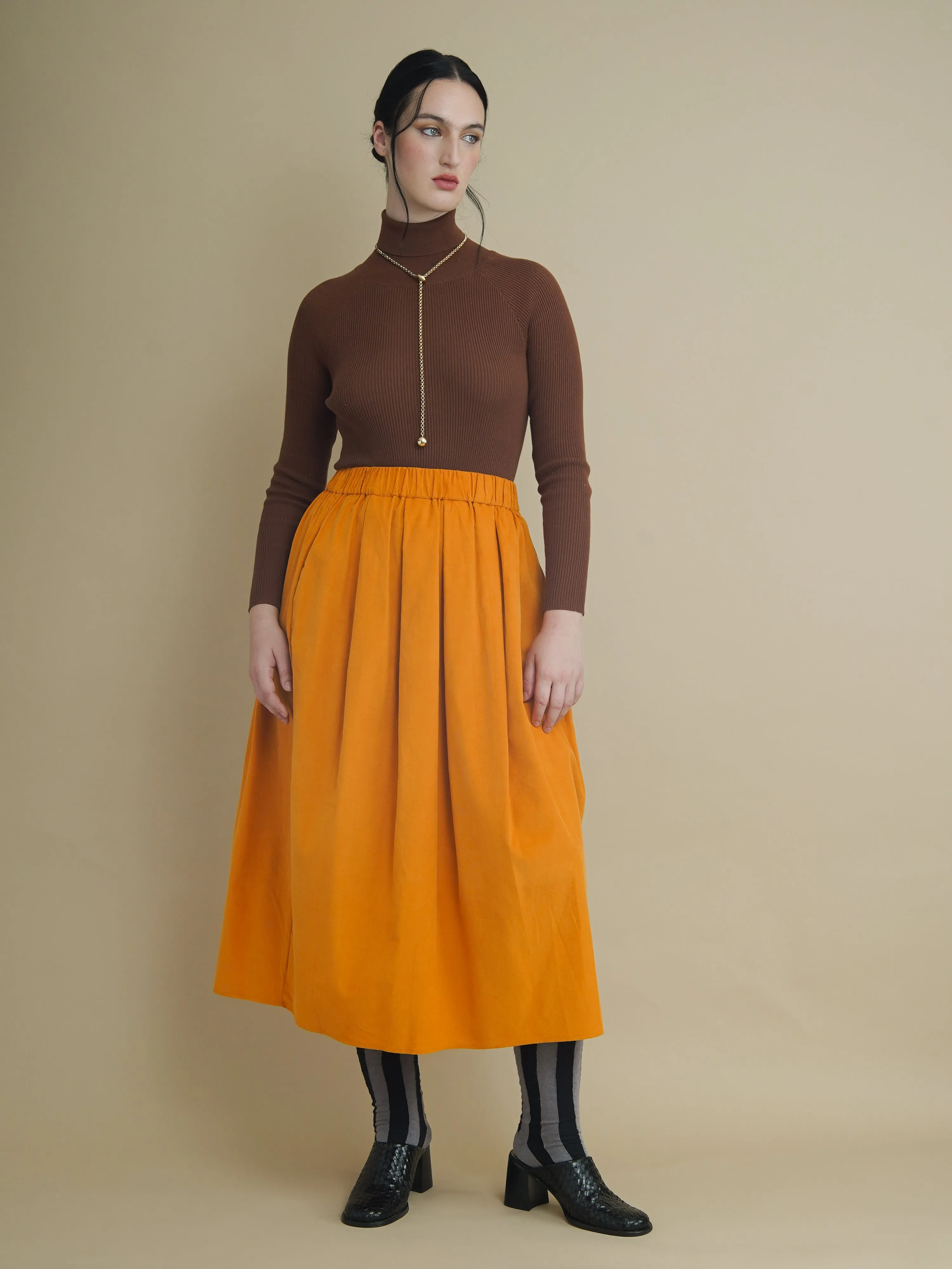 Peju Mustard Midi Corduroy Skirt sold by Kemi Telford