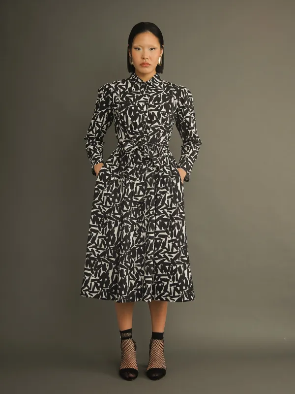 The Amina Shirt Dress — Monochrome Brushstroke sold by Kemi Telford