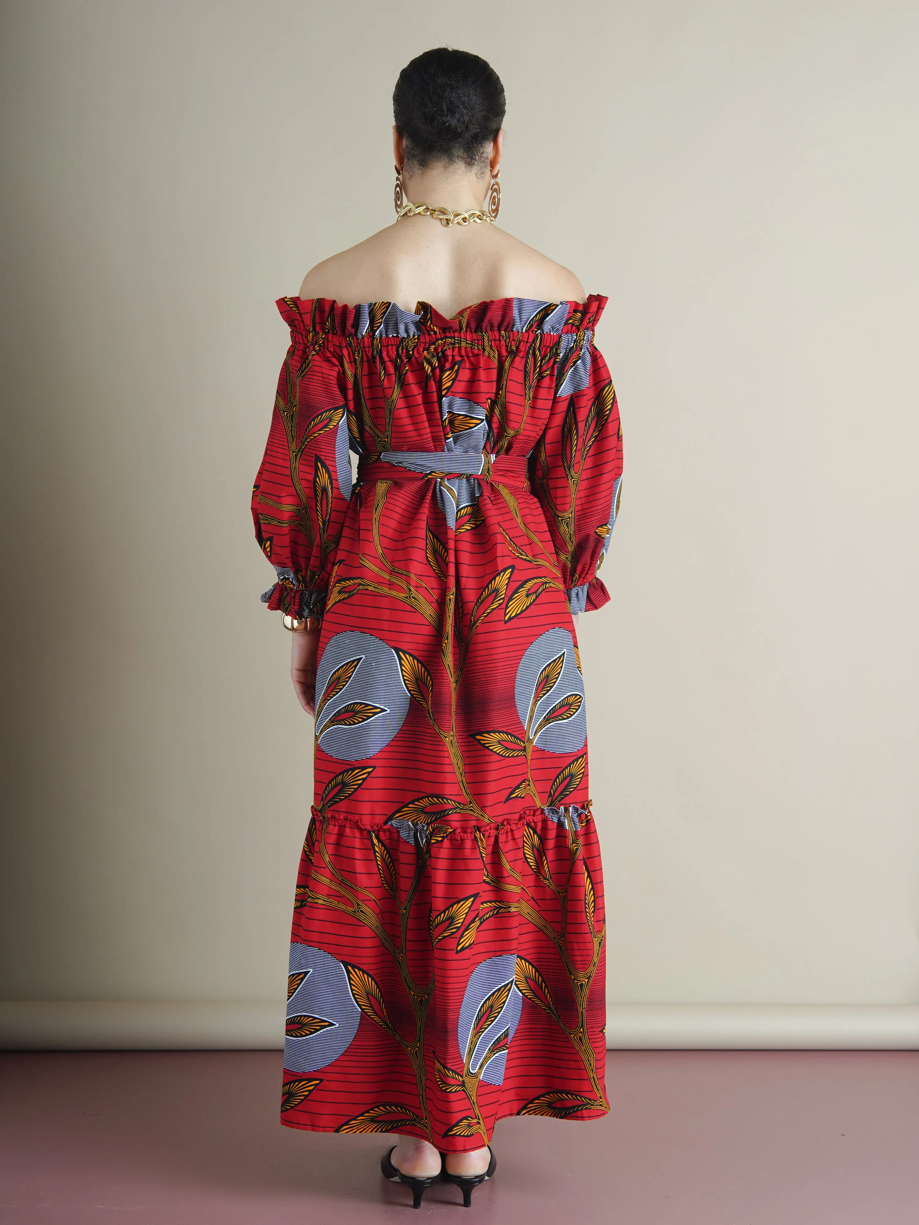 Efe Red Off-Shoulder Dress in Dutch Wax Print sold by Kemi Telford product image thumbnail 4
