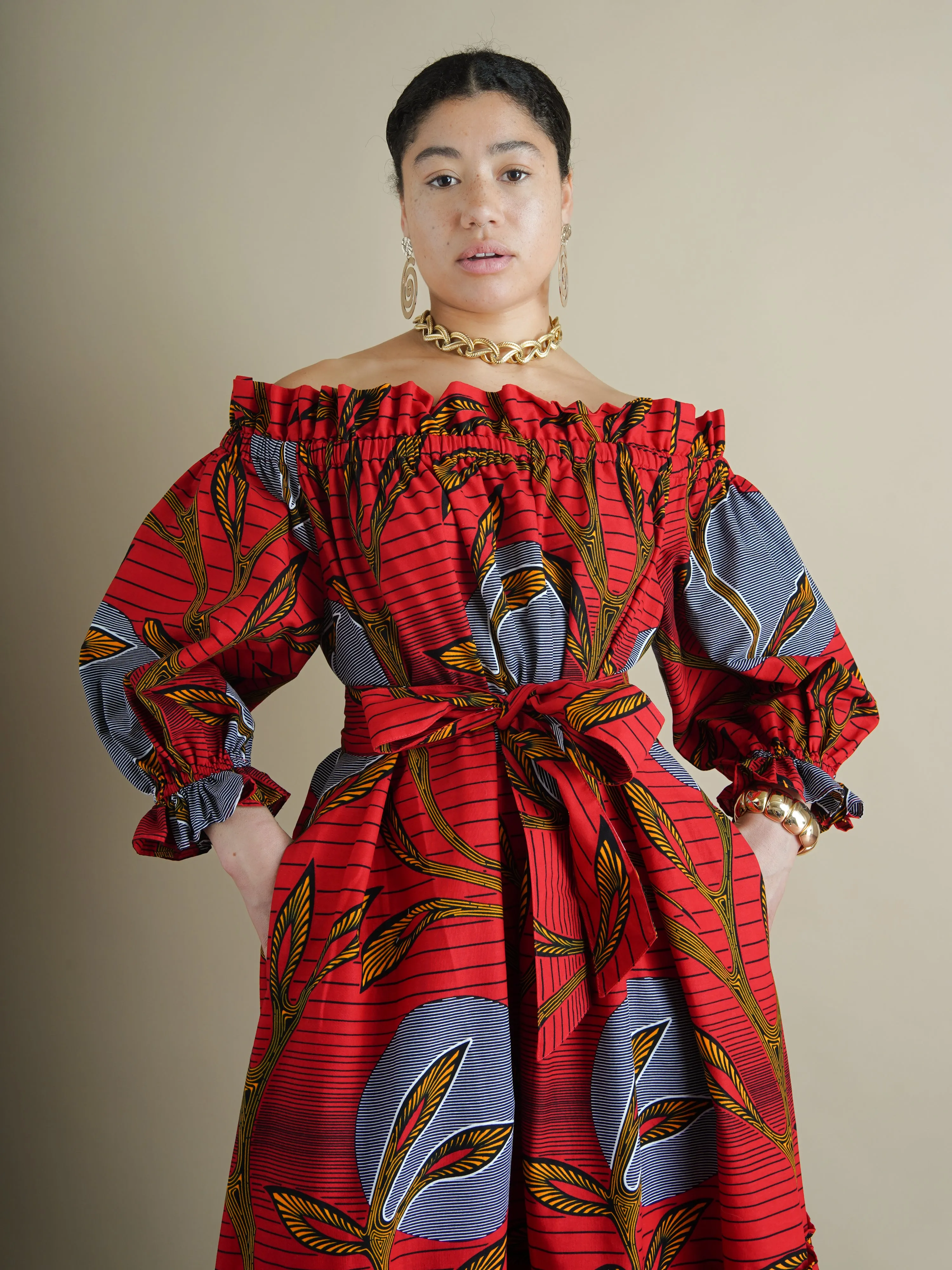 Efe Red Off-Shoulder Dress in Dutch Wax Print sold by Kemi Telford product image thumbnail 3