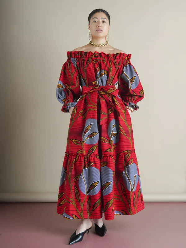 Efe Red Off-Shoulder Dress in Dutch Wax Print sold by Kemi Telford