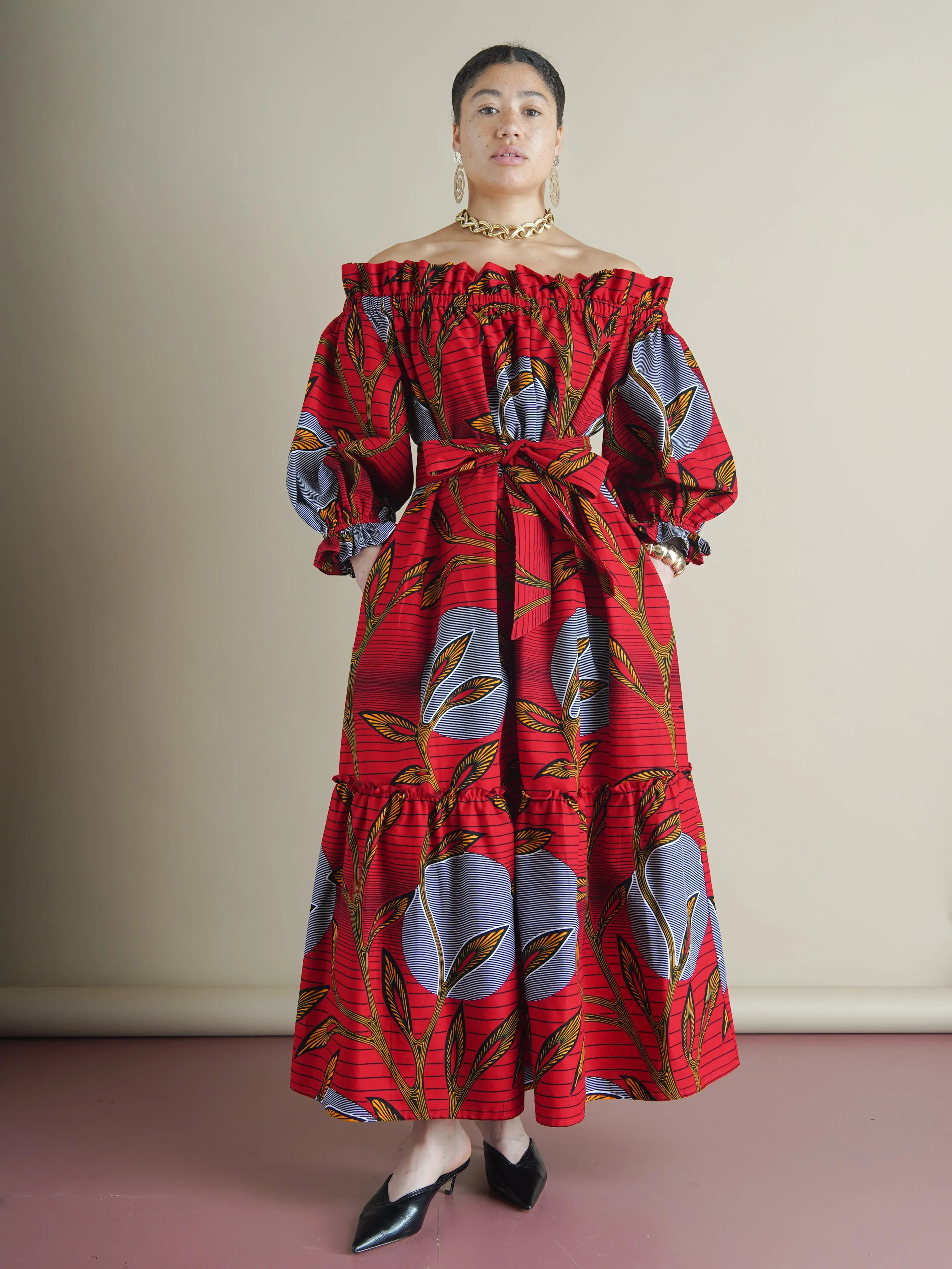 Efe Red Off-Shoulder Dress in Dutch Wax Print sold by Kemi Telford
