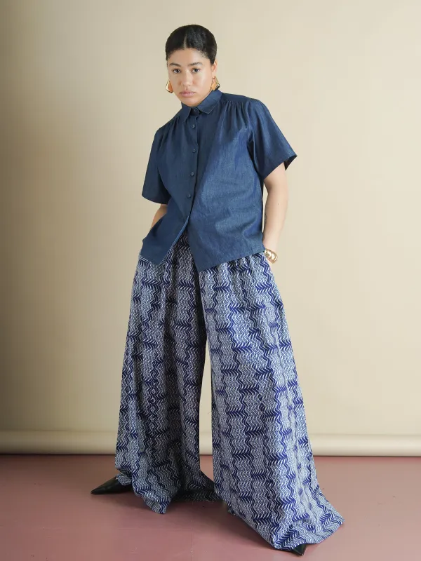 The Ayo Pants – Wave Print Wide-Leg Cotton Palazzo Pants sold by Kemi Telford