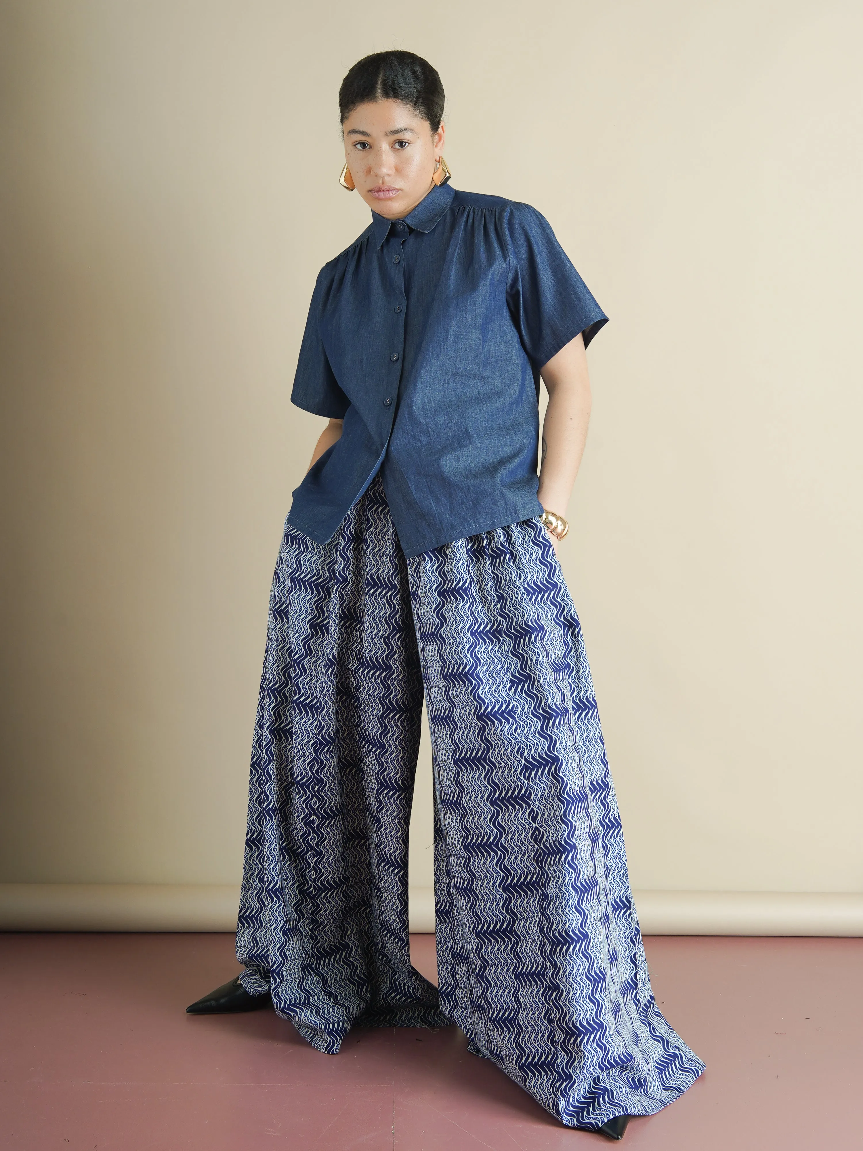 The Ayo Pants – Wave Print Wide-Leg Cotton Palazzo Pants sold by Kemi Telford