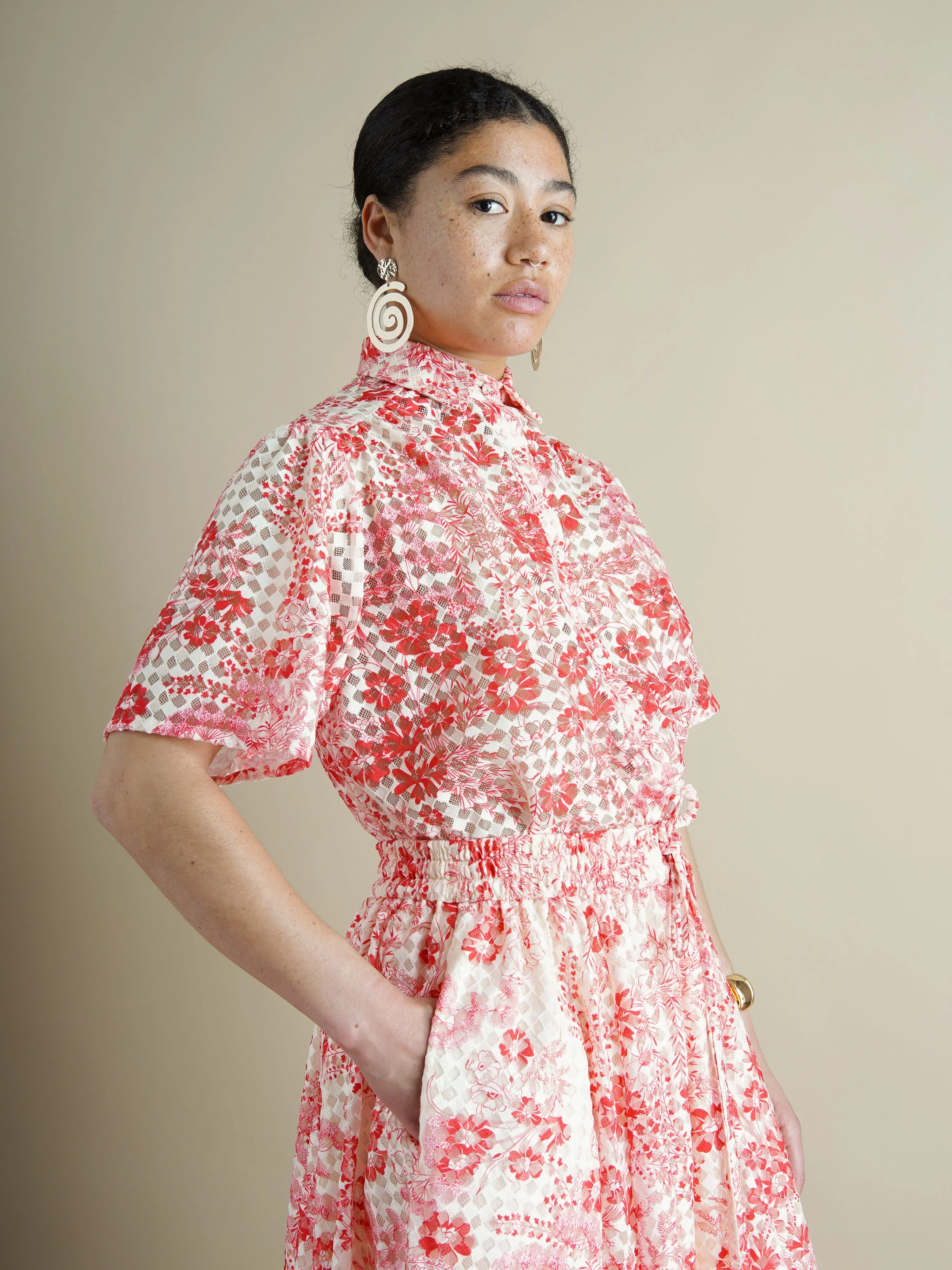 The Eshe Lace Shirt – Red Pink Floral sold by Kemi Telford