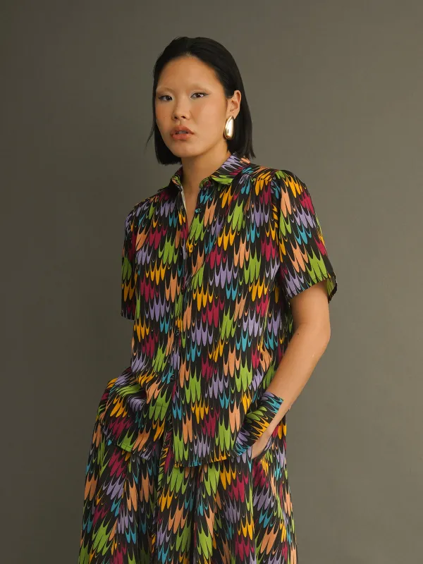 Muse Shirt Multicolour Flame Print in Rayon-Linen Blend sold by Kemi Telford