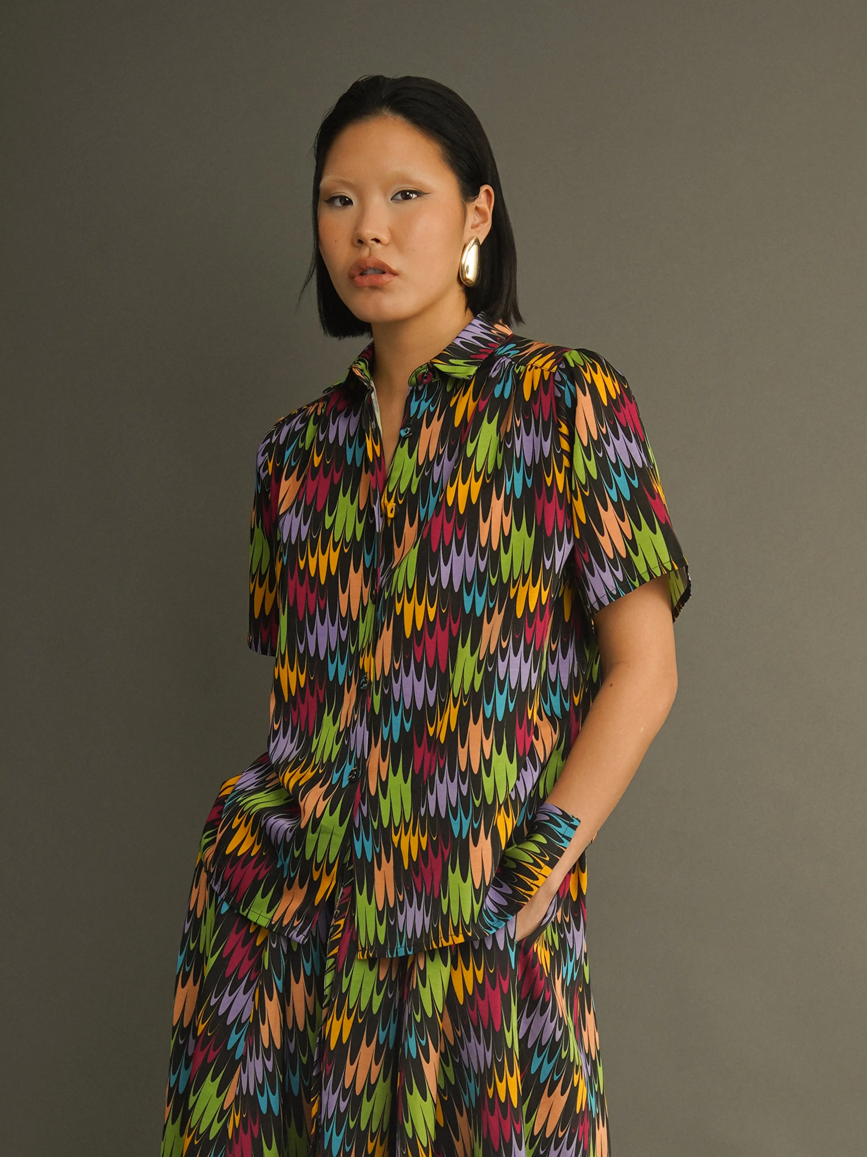 Muse Shirt Multicolour Flame Print in Rayon-Linen Blend sold by Kemi Telford