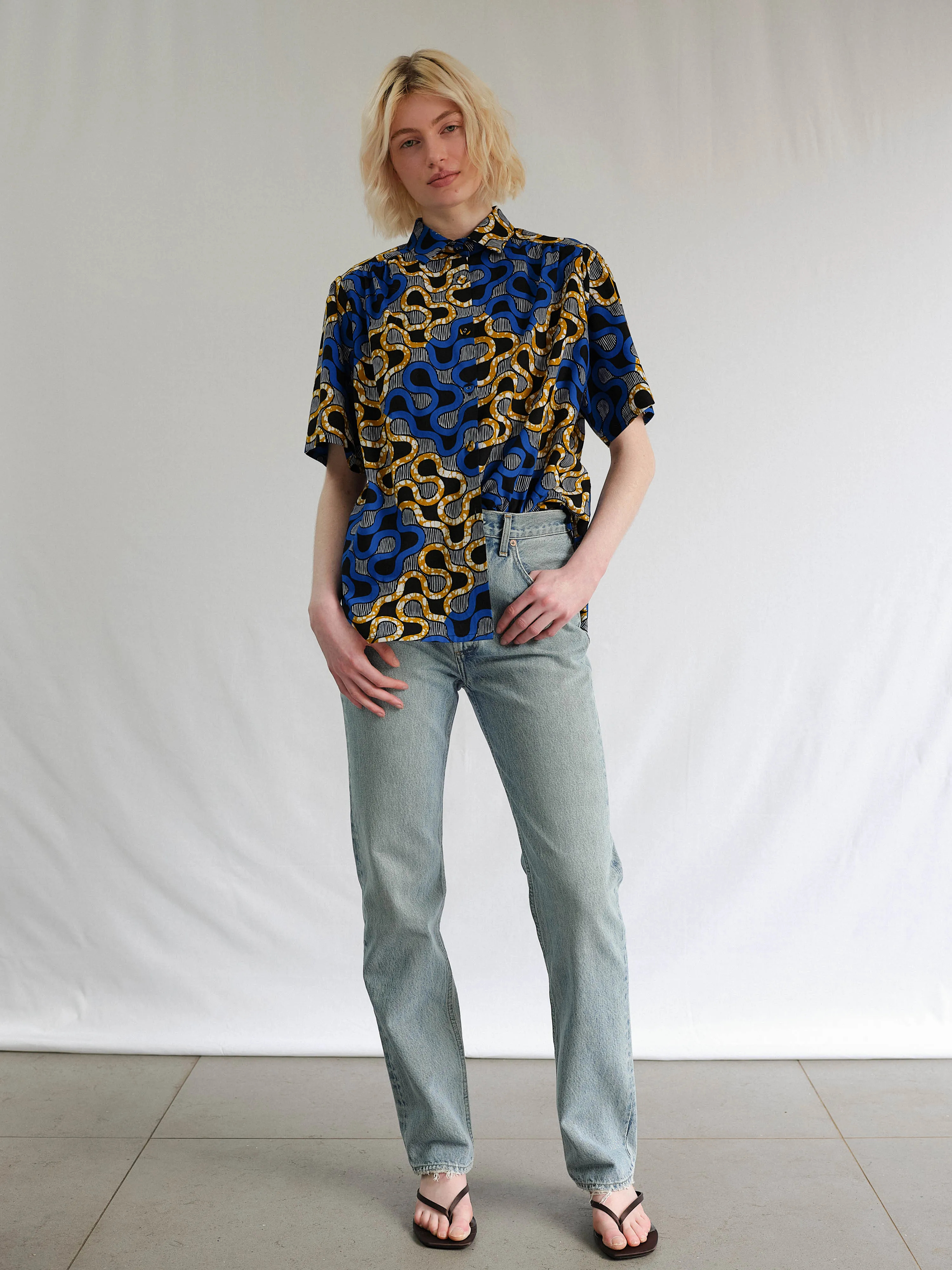 The Ori Shirt – Blue Wax Print Short Sleeve Button Shirt sold by Kemi Telford product image thumbnail 4