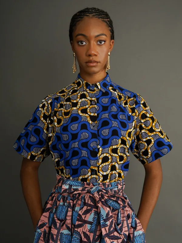 The Ori Shirt – Blue Wax Print Short Sleeve Button Shirt made by Kemi Telford