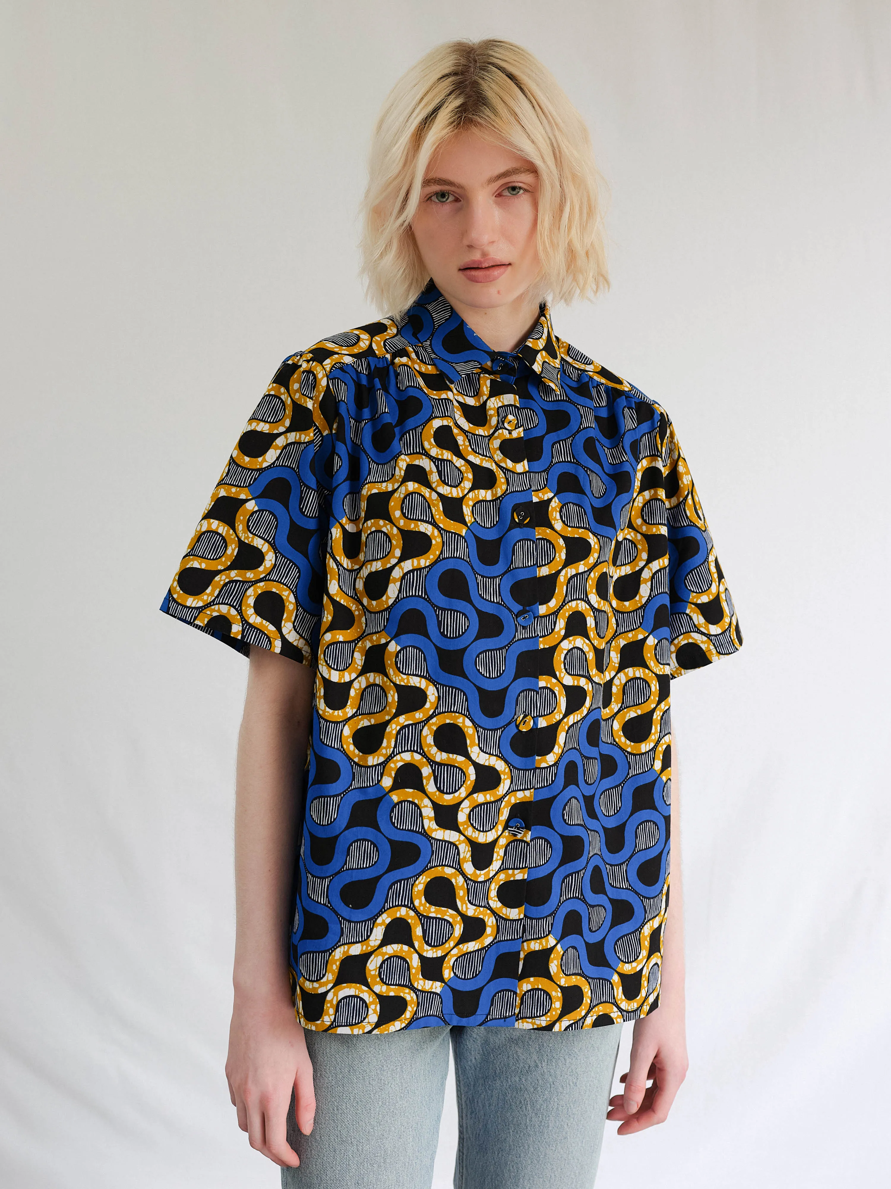 The Ori Shirt – Blue Wax Print Short Sleeve Button Shirt sold by Kemi Telford product image thumbnail 2