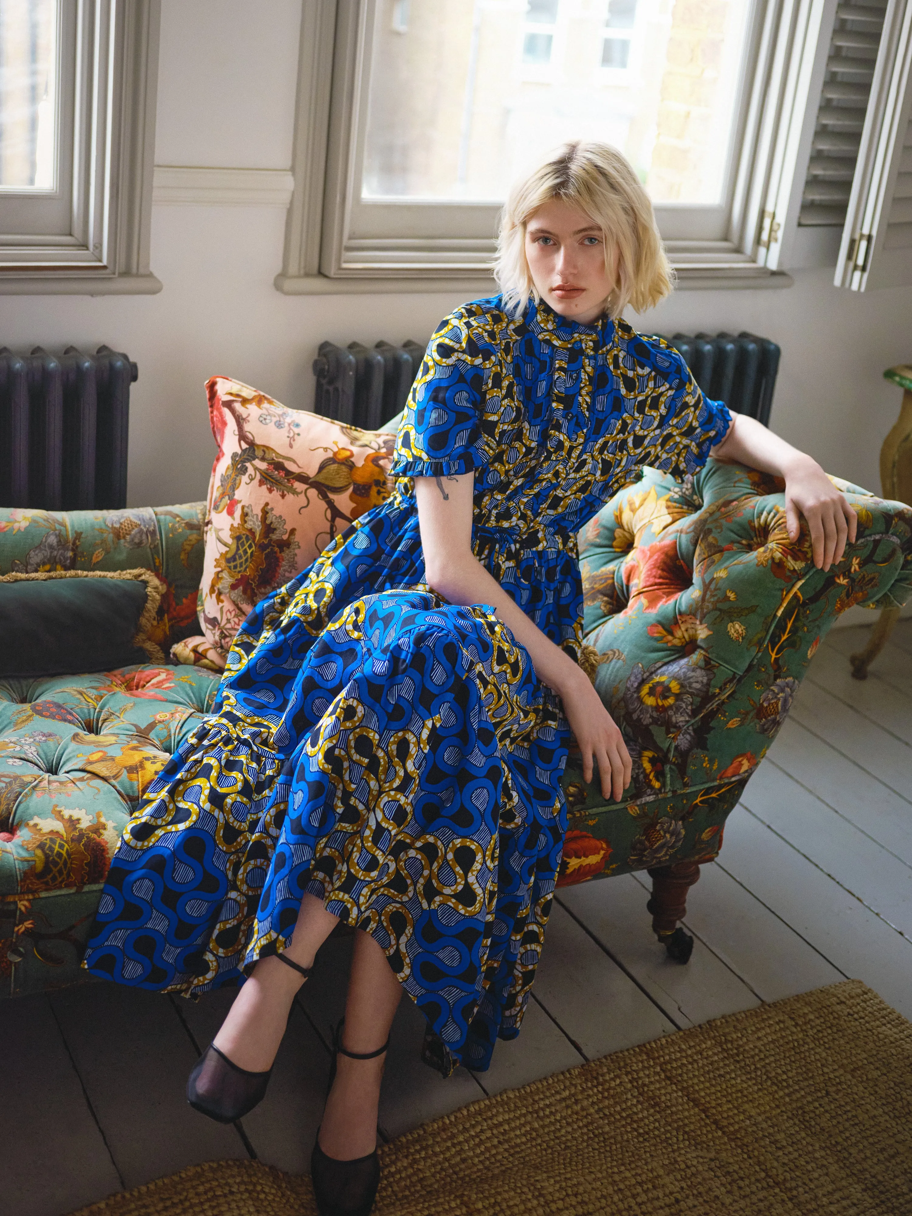 The Ori Dress – Bold Blue Wax Print with Pintuck Detail sold by Kemi Telford