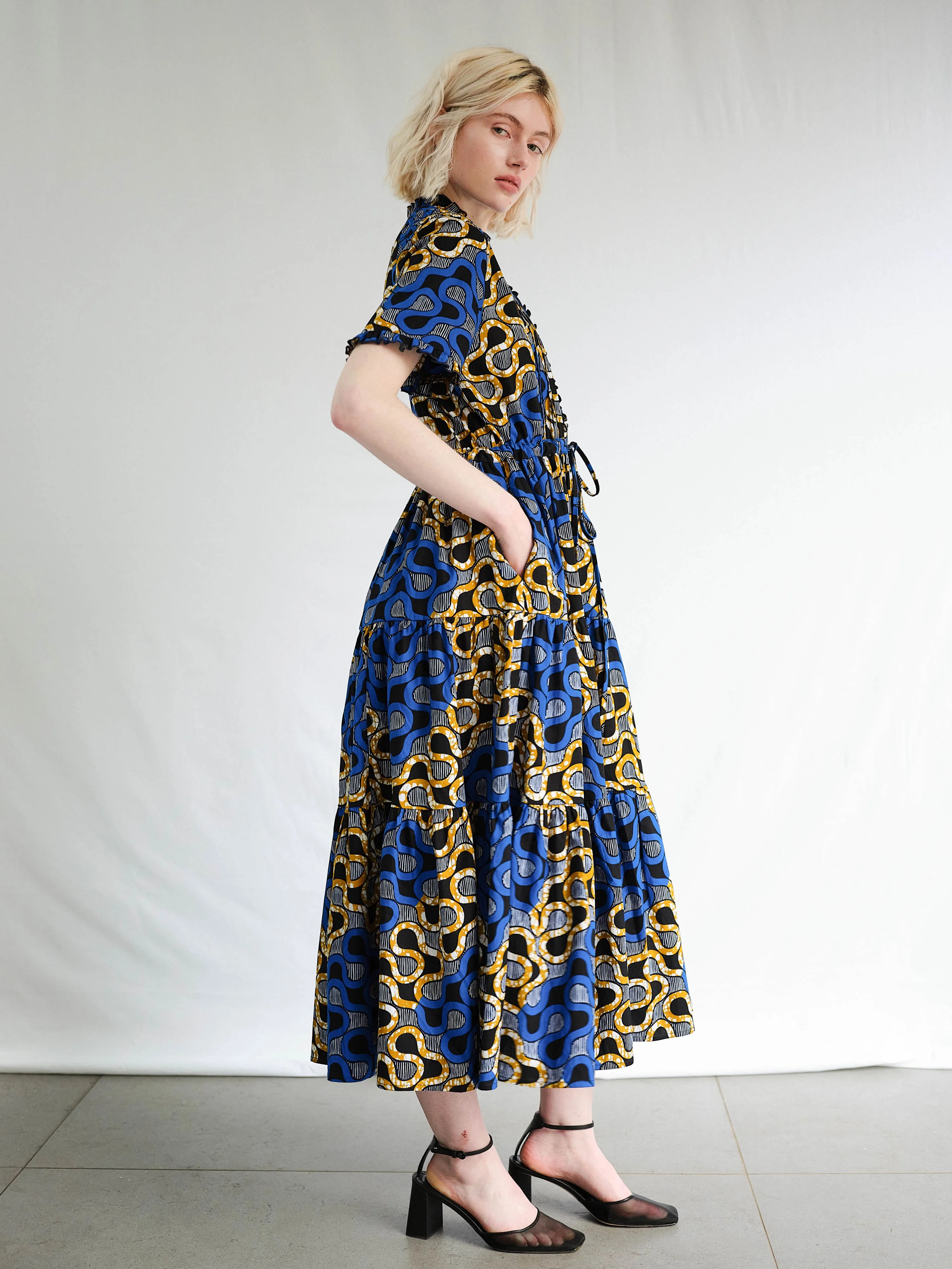 The Ori Dress – Bold Blue Wax Print with Pintuck Detail sold by Kemi Telford product image thumbnail 4