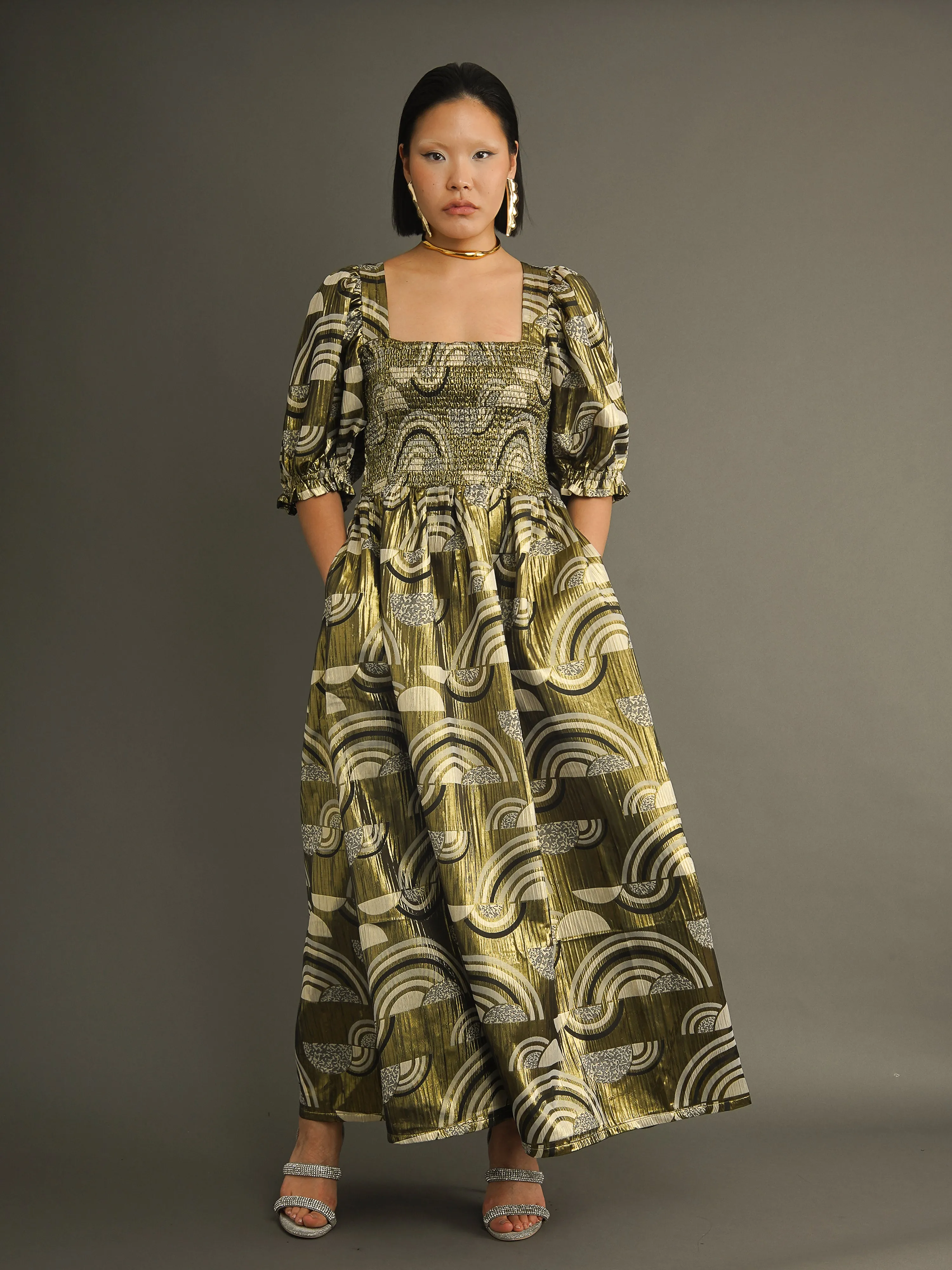 Oba Statement Gold Maxi Dress – Metallic Print, Smocked Bodice sold by Kemi Telford product image thumbnail 4