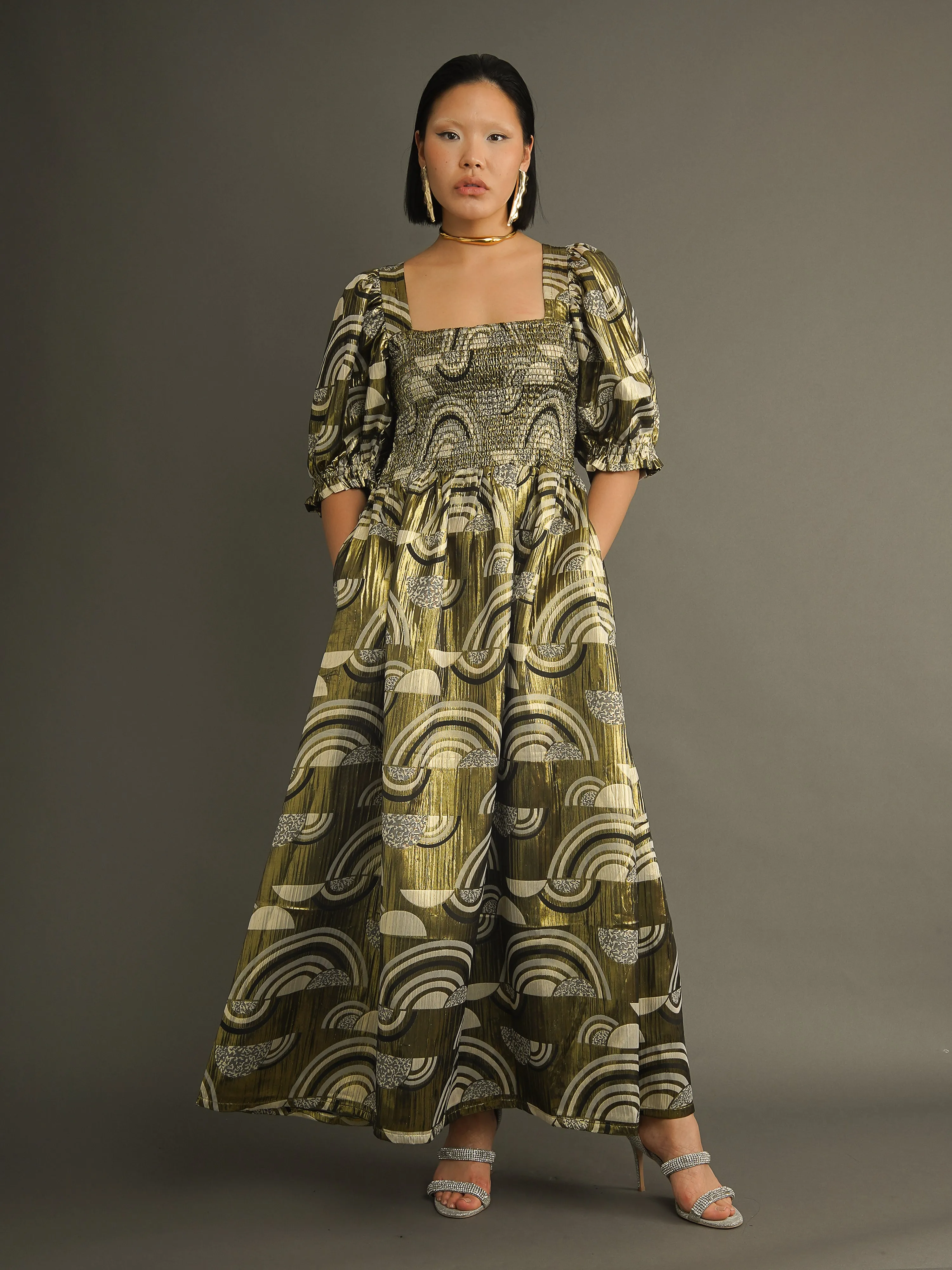 Oba Statement Gold Maxi Dress – Metallic Print, Smocked Bodice sold by Kemi Telford