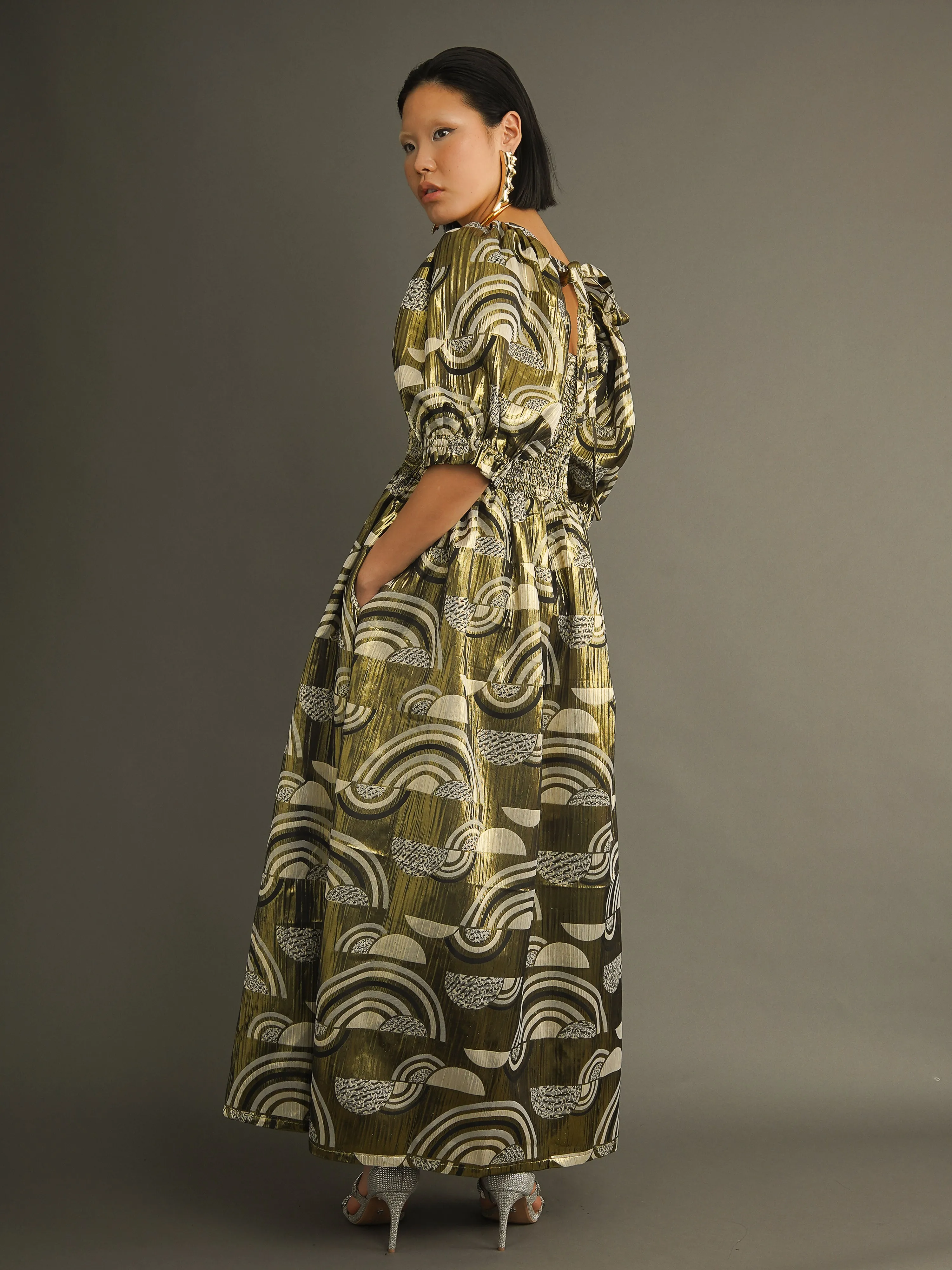 Oba Statement Gold Maxi Dress – Metallic Print, Smocked Bodice sold by Kemi Telford product image thumbnail 5