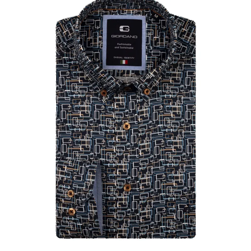 Giordano Long Sleeve Button Down Geometric Print Stretch Shirt made by Coes