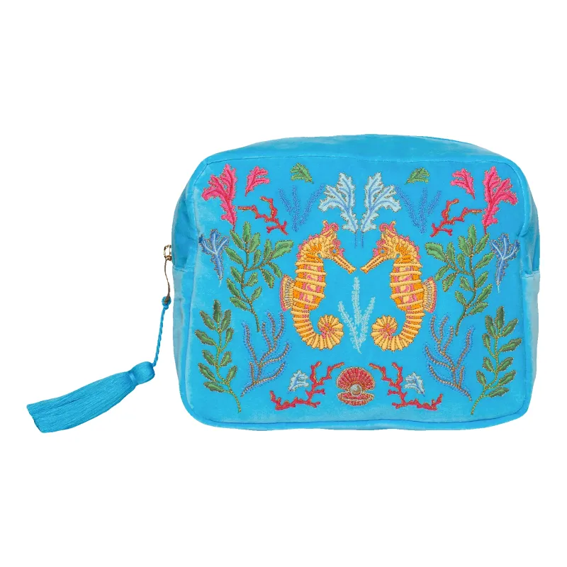 Elizabeth Scarlett Coral Seahorse Velvet Wash Bag sold by Coes