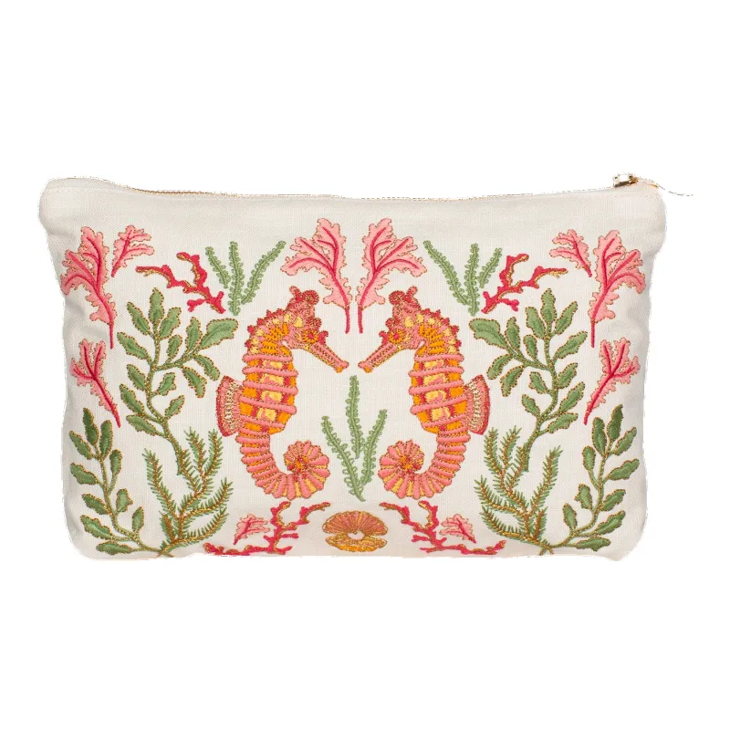 Elizabeth Scarlett Coral Seahorse Cotton Everyday Pouch sold by Coes