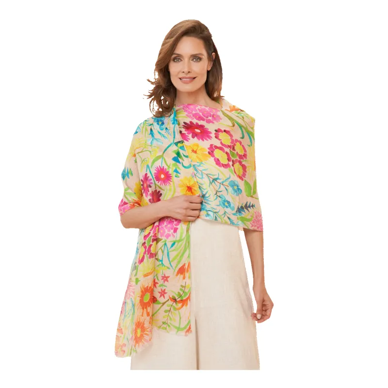 Powder Watercolour Wildflowers Linen Print Scarf sold by Coes