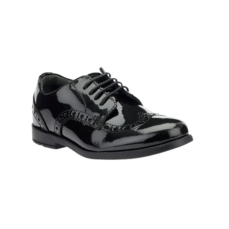 Brogue Patent School Shoes in Black sold by Coes
