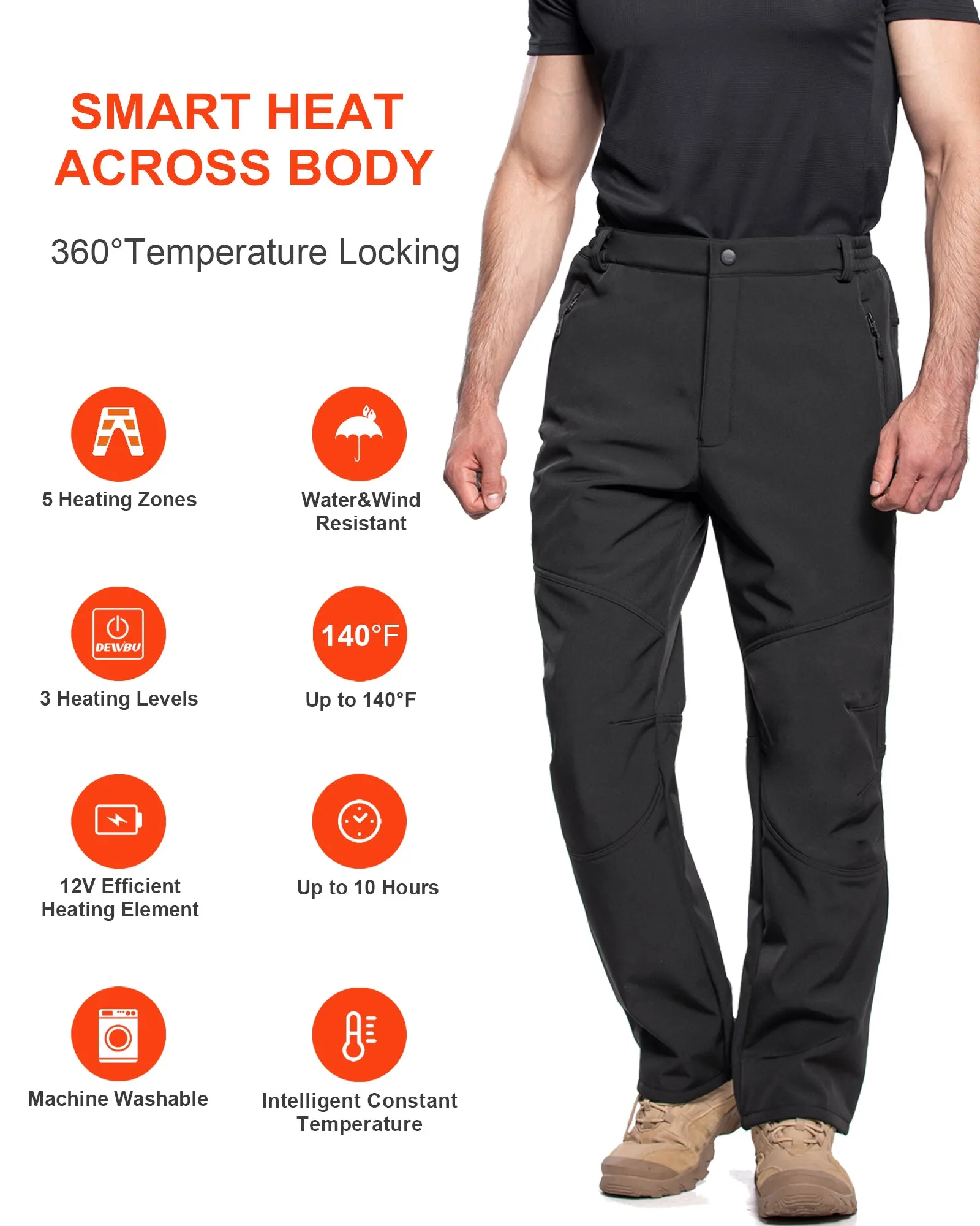 Men's Soft Shell Heated Pants with 12V Battery Pack Fleece Lined - Pure Black sold by DEWBU product image thumbnail 4