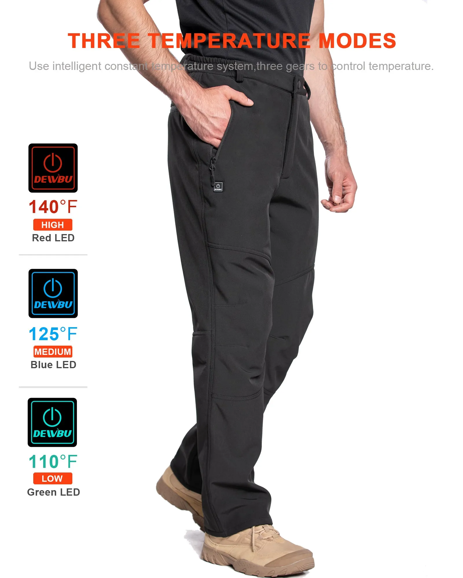 Men's Soft Shell Heated Pants with 12V Battery Pack Fleece Lined - Pure Black sold by DEWBU product image thumbnail 5