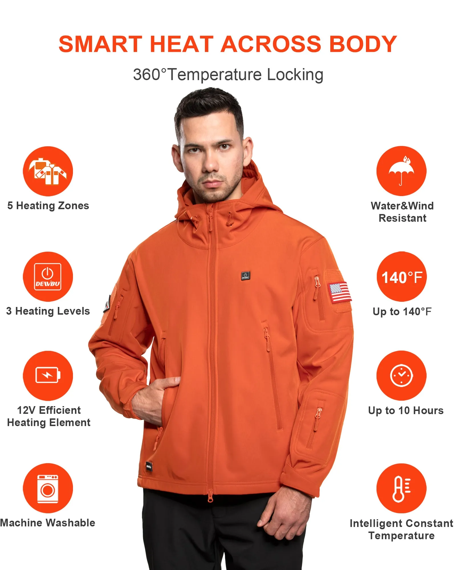Men's Soft Shell Heated Jacket With 12V Battery Pack - Orange sold by DEWBU product image thumbnail 4