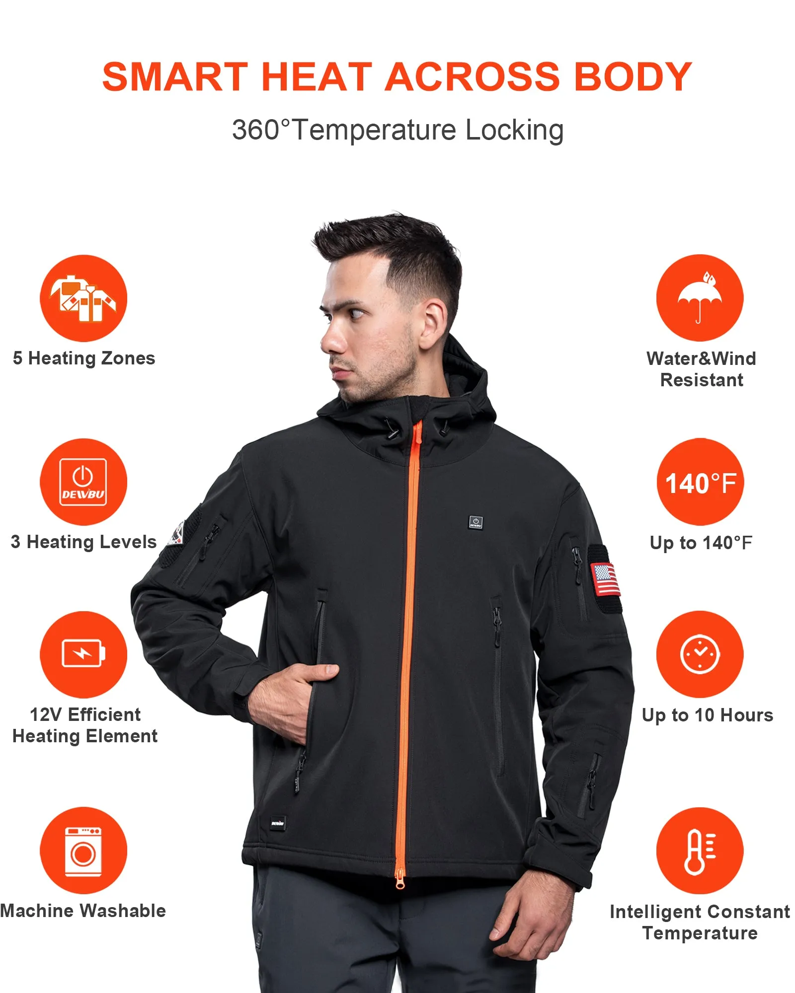 Men's Soft Shell Heated Jacket With 12V Battery Pack - Blaze Orange Zipper sold by DEWBU product image thumbnail 4