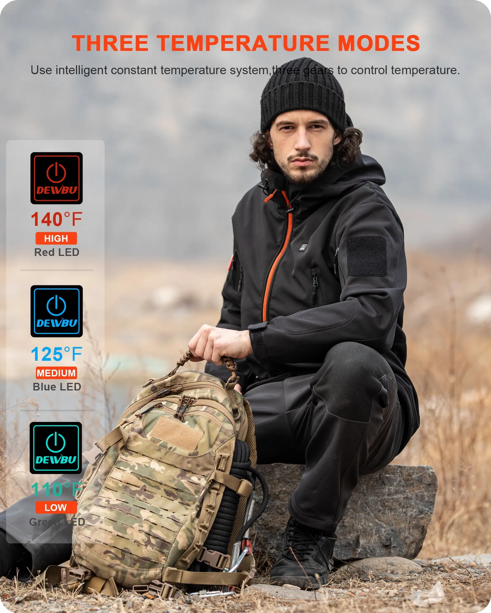 Men's Soft Shell Heated Jacket With 12V Battery Pack - Blaze Orange Zipper sold by DEWBU product image thumbnail 5