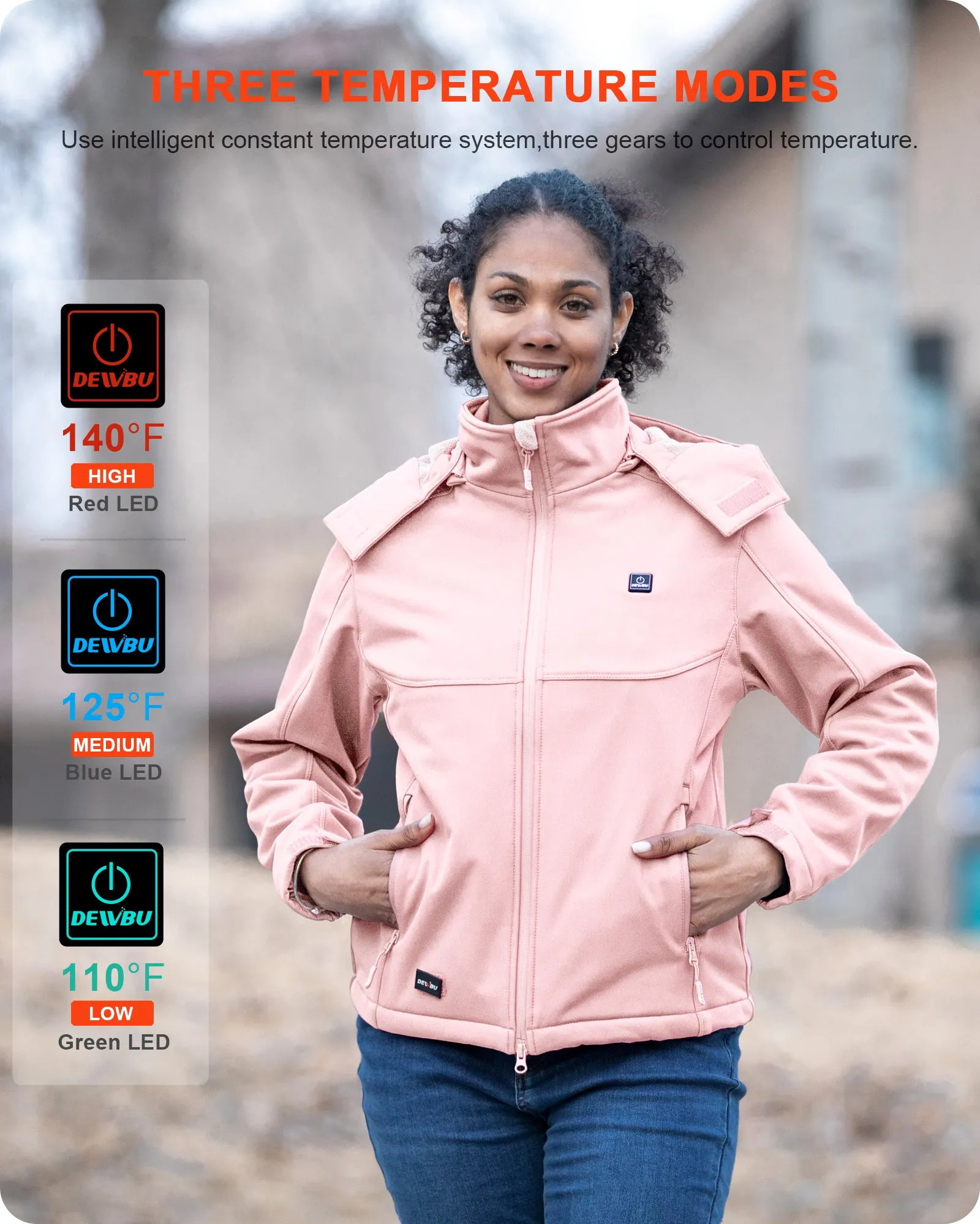 Women's Soft Shell Heated Jacket Detachable Hood With 12V Battery Pack - Pink sold by DEWBU product image thumbnail 5